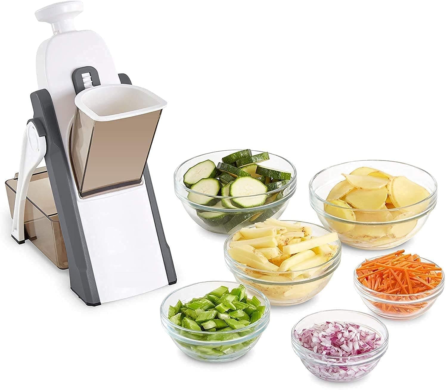 WIDE MART Multifunctional Vegetable Slicer – 6-in-1 Multi-Purpose Chopper, Hand Press Mandoline Slicer for Vegetables, Fruits, Nuts & French Fries