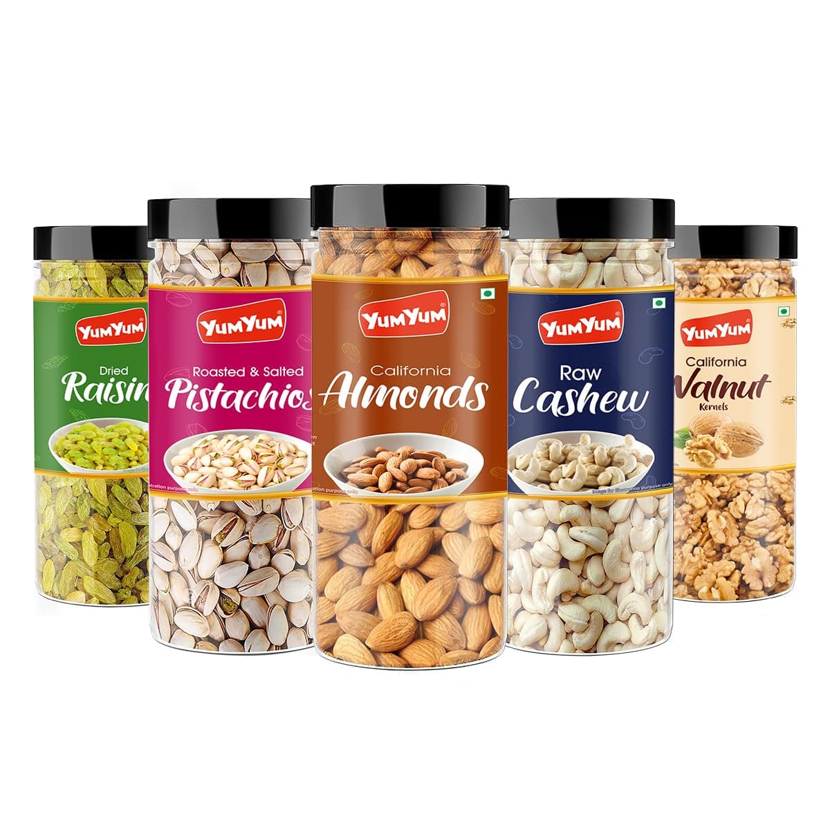 YUM YUM Dry fruits combo 150g Each Pack of 5 Badam, Kaju, Pista, Kishmish & Akhrot 750g - Almonds, Cashews, Pistachios, Raisins, Walnuts