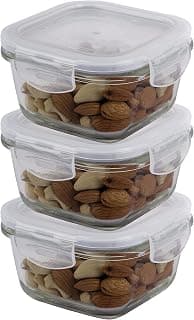 LocknLock Euro Glass Square Food Storage Container, 300ml, Transparent, Set of 3 (LLG205) | Superior Borosilicate Glass Container | Stain Free, BPA Free, Leakproof | Airtight 4 Side Locking Lid
