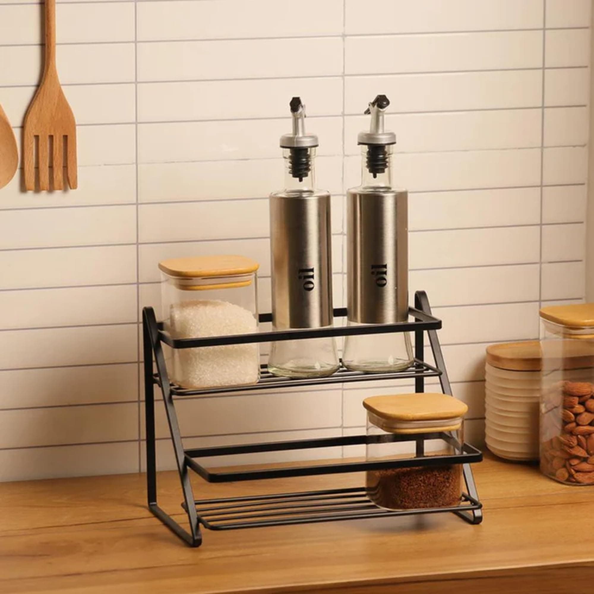 Duadecor 2 Tier Kitchen Rack Organizer | Metal Spice Rack Shelf for Kitchen Storage | Multipurpose Bathroom Shelves Accesories Organiser | Sugar Containers,Jars, Bottles Holder for Kitchen Countertop