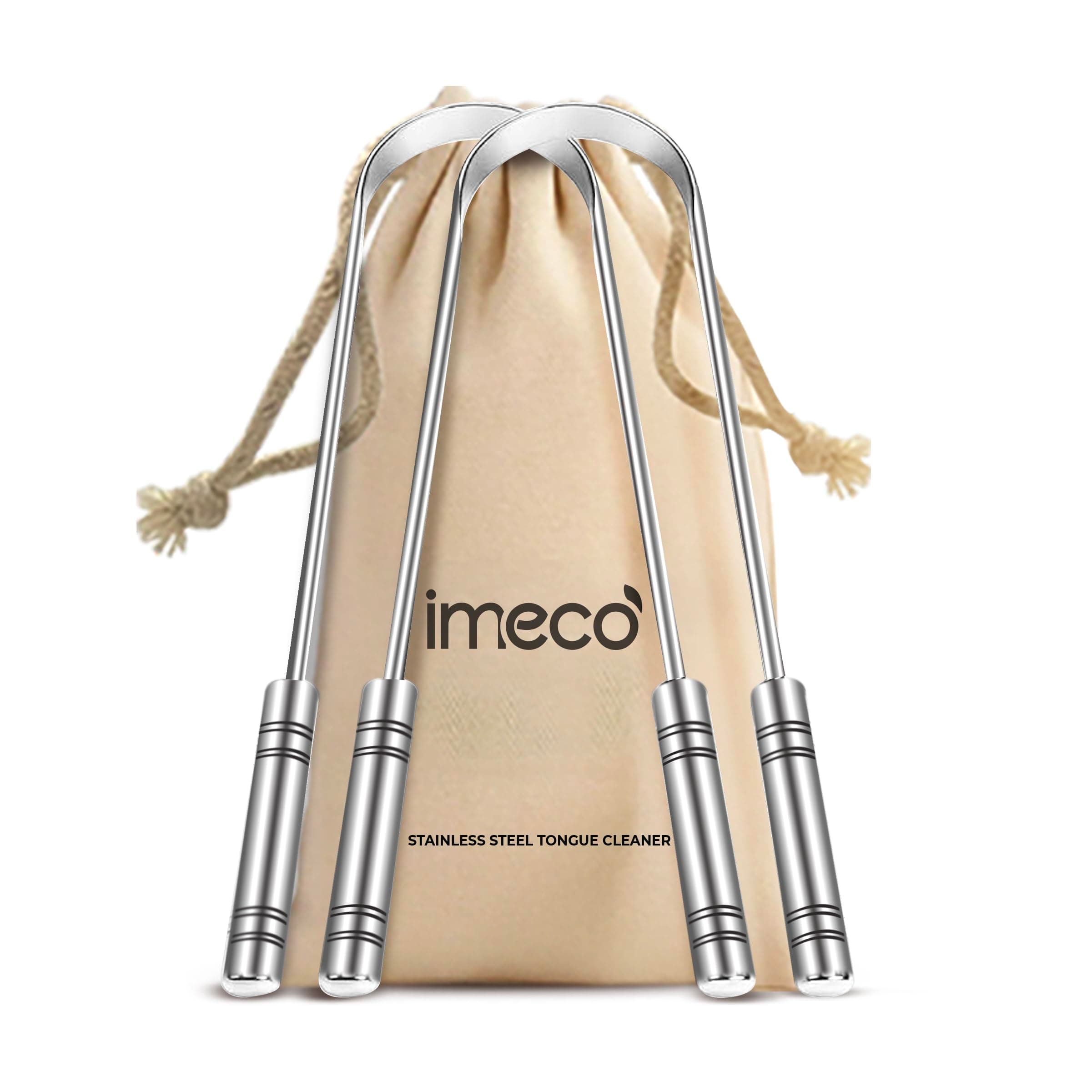 IMECO Stainless Steel Tongue Cleaner for Adults (2 Pack) | Unisex | U-Shaped Tongue Scraper with Travel Pouch | Antimicrobial Properties | Comfortable Handle | Reduces Bacteria & Bad Breath | Easy & Safe to Use