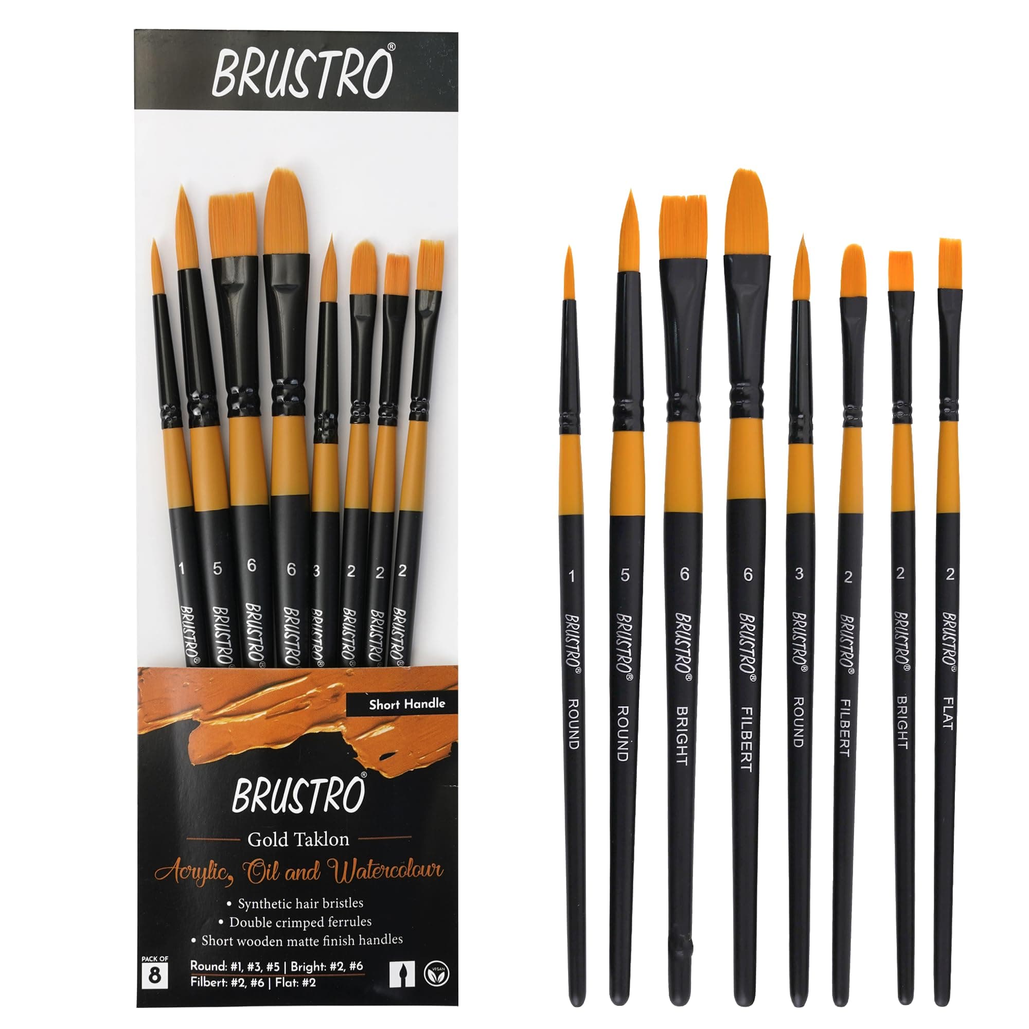 BRUSTRO Gold Taklon Artist's Brushes | Set of 8 | Sizes - Round (1,3,5), Bright (2,6), Filbert (2,6), and Flat (2) | Matte Finish, Ideal for Acrylic, Watercolour, Oil Paintings, School, Office Use
