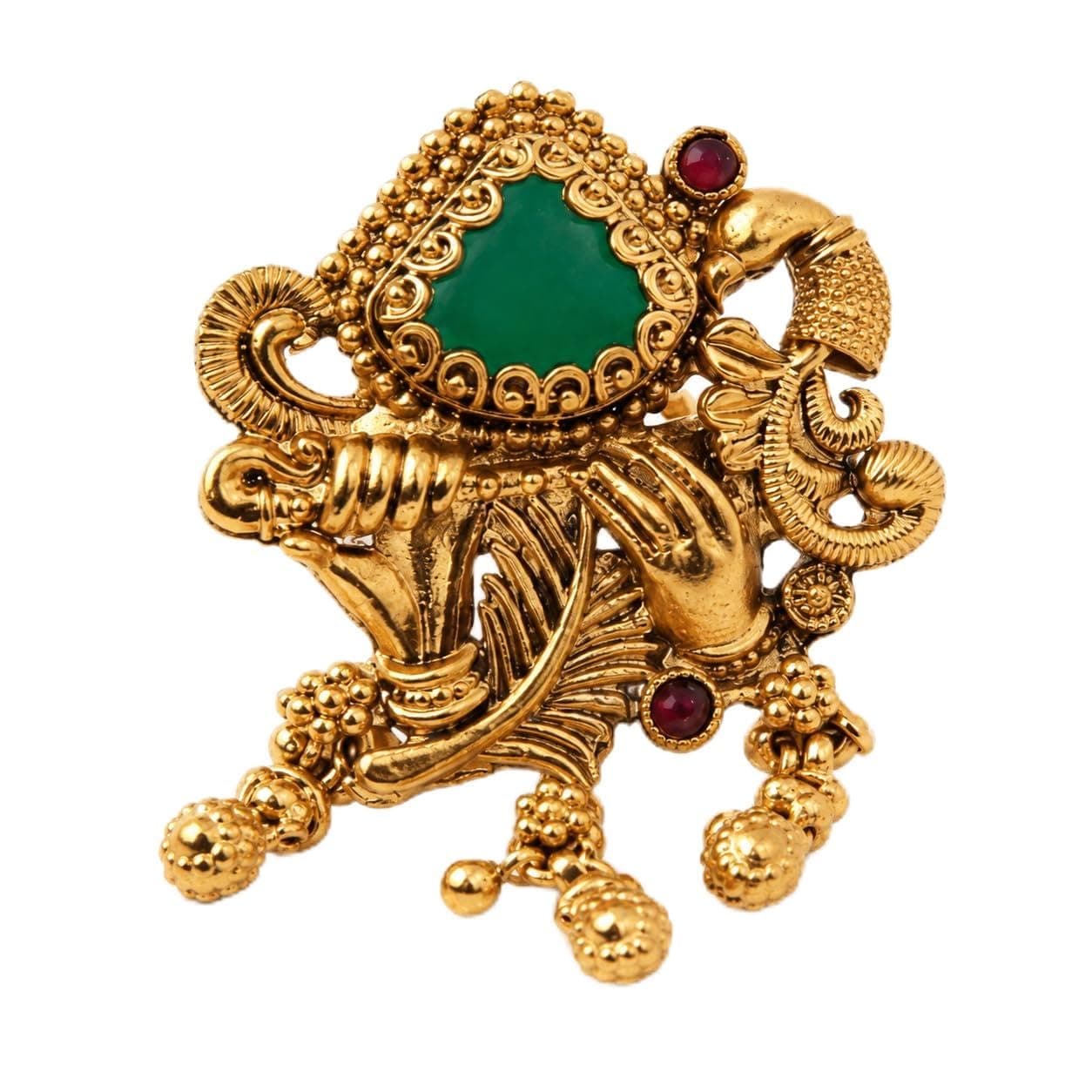 STREE STORE Heritage Style Elephant Motif Gold Plated Adjustable Ring with Latkan Green Stones Kundan Brass Jewellery
