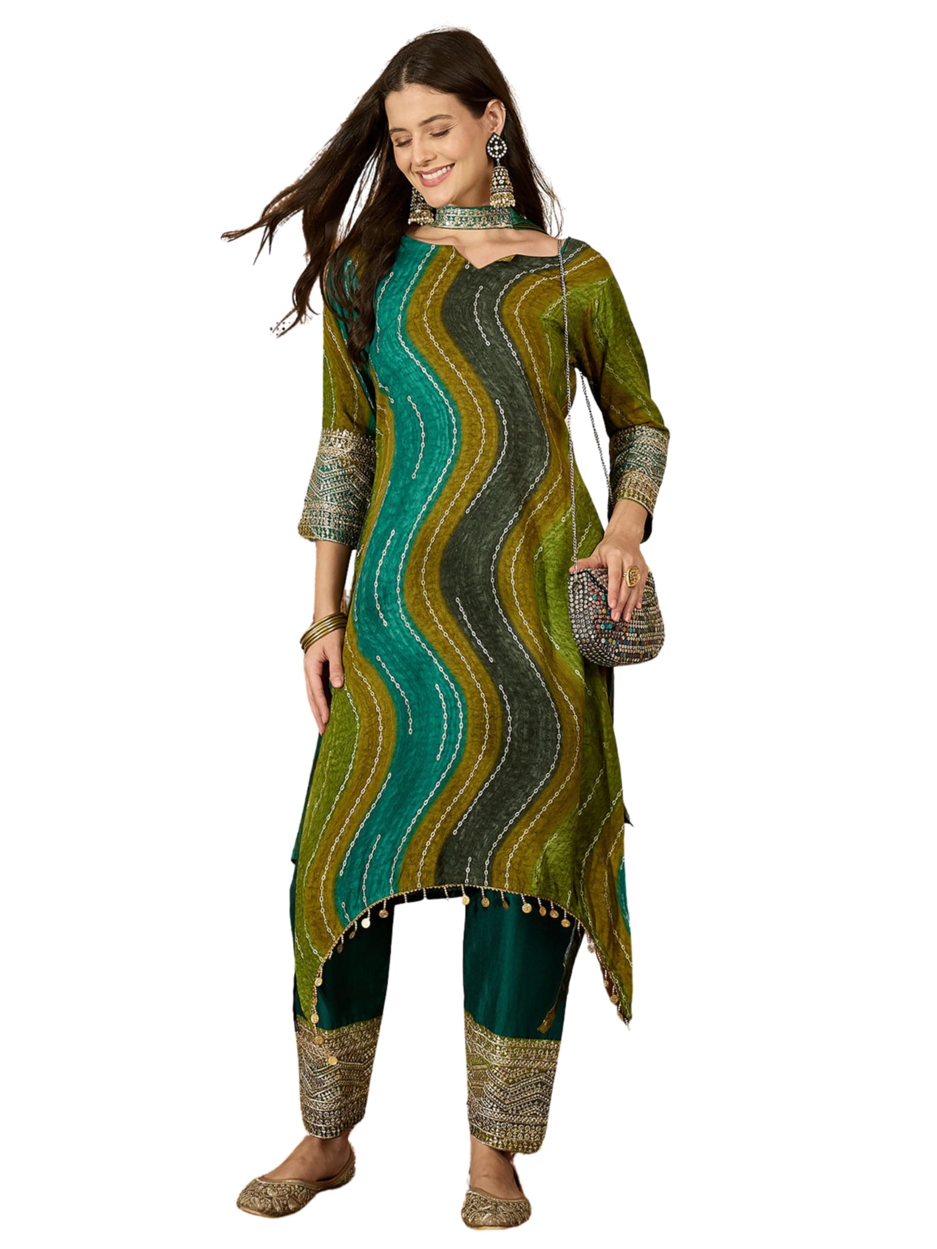 EthnicJunction Women's Viscose Rayon Leheriya Print & Embroidered Asymmetric Kurta Pant with Choker Dupatta Set | Ethnic Set | Festival Kurta Set | Wedding