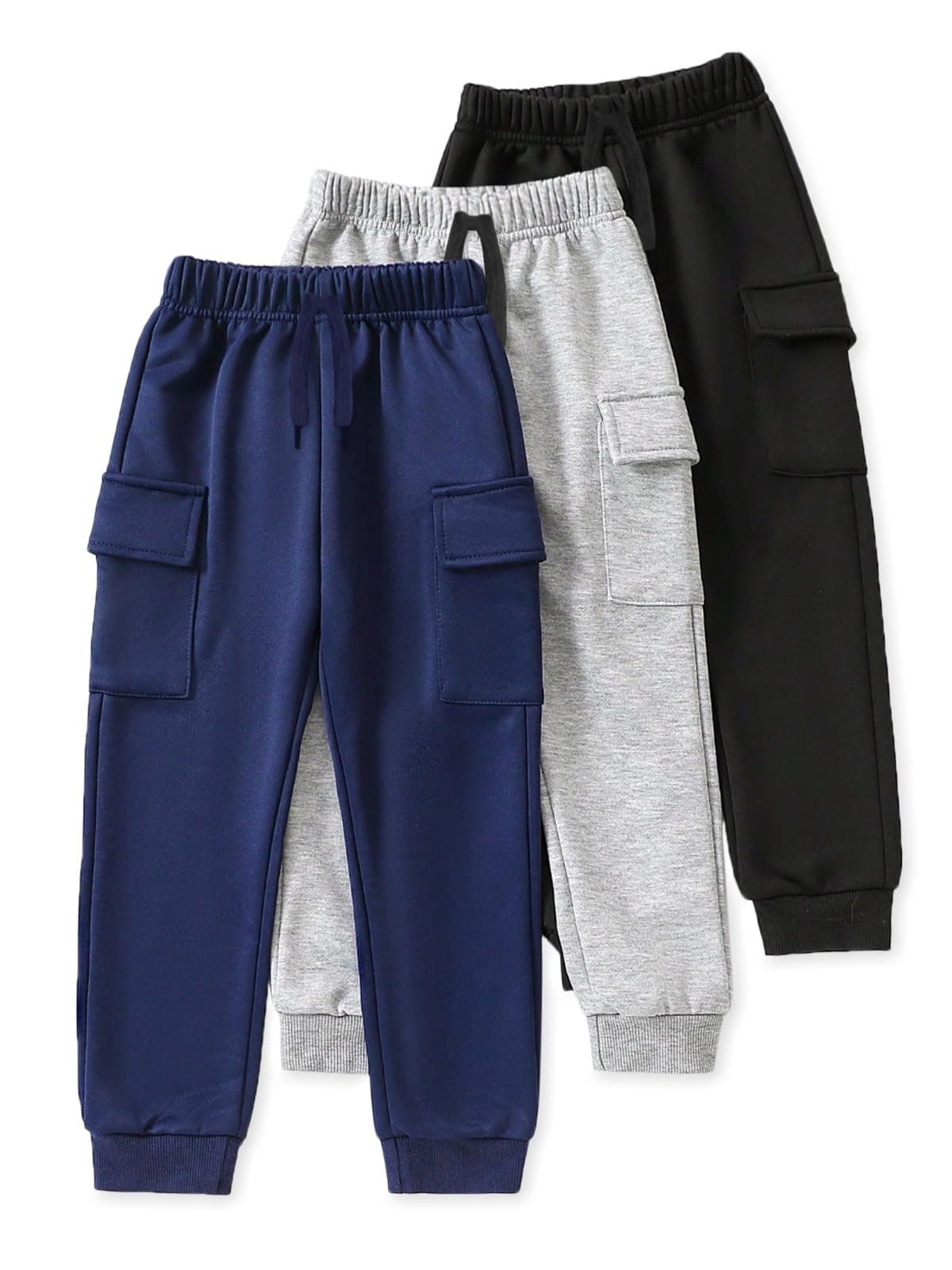 Trampoline Kids Cotton Cargo Joggers Pack of 3 | Soft Knitted Pants for Boys & Girls | Solid Colors with Side & Cargo Pockets | Ribbed Cuffs & Drawstring Waistband | Everyday Bottoms
