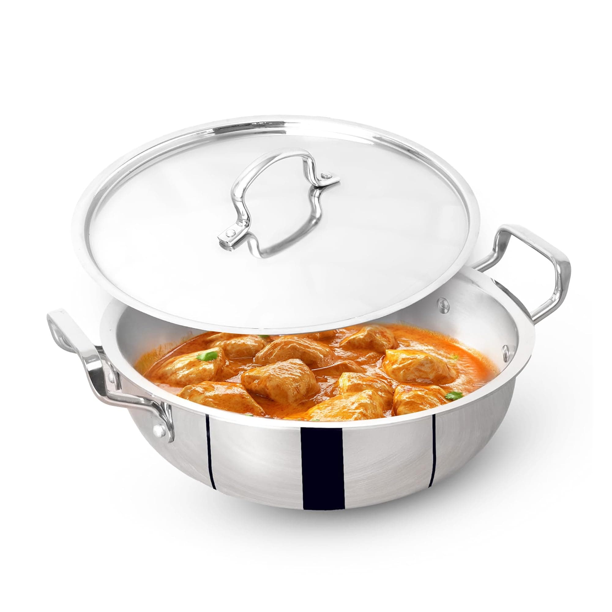 The Indus Valley Triply Stainless Steel Deep Kadai/Kadhai 3.5 LTR with Stainless Steel Lid | 24 cm/9.44 inch,1.80kg | Induction Friendly | Nonstick 3-Layer Body, 100% Pure & Toxin-Free