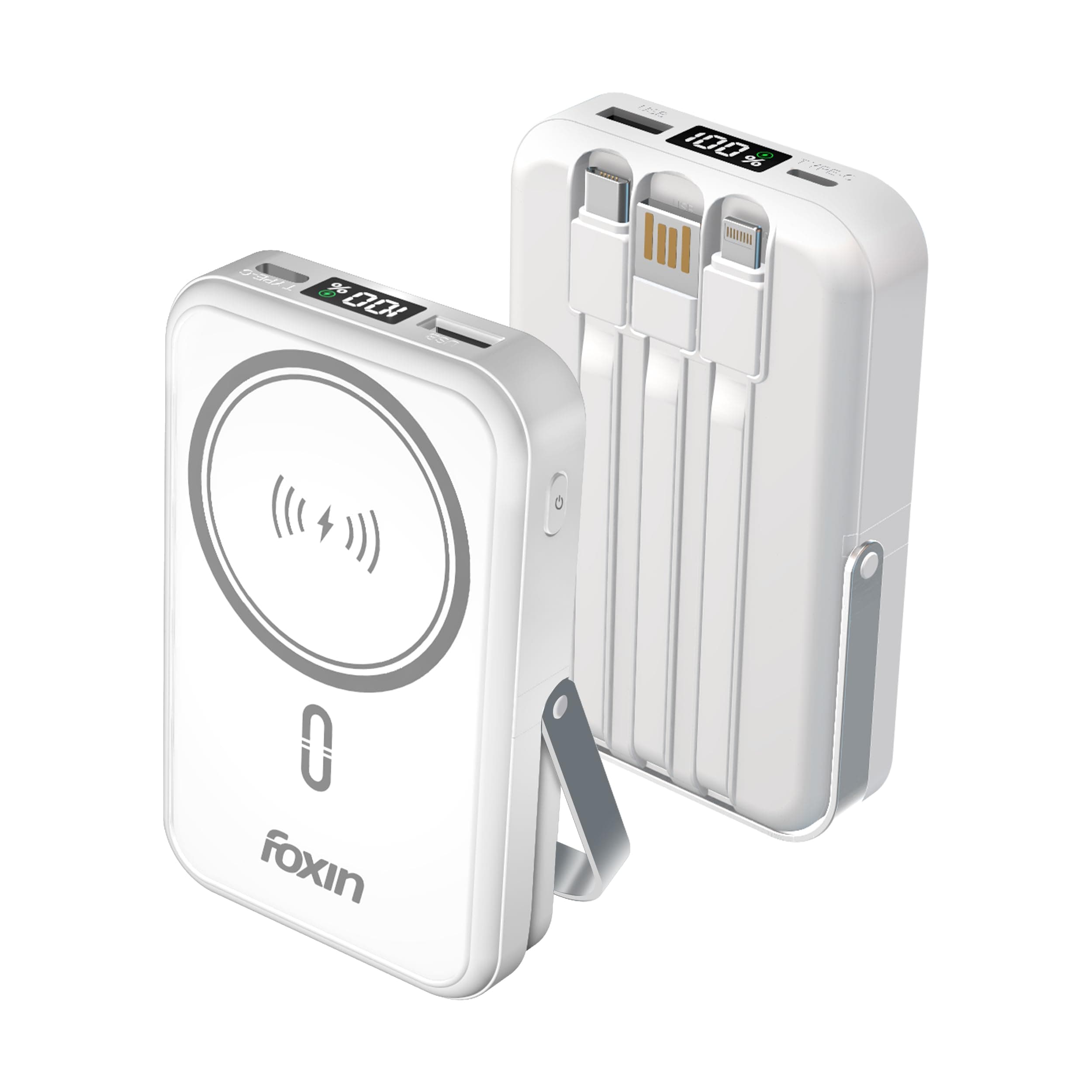 Foxin All-in-One Mag Pro 10000mAh Magnetic Wireless Power Bank | 22.5W Fast Charging, MagSafe & Wireless Charging for Android & iPhone 12 & Above | Built-in Cables | Stand | BIS Certified | White