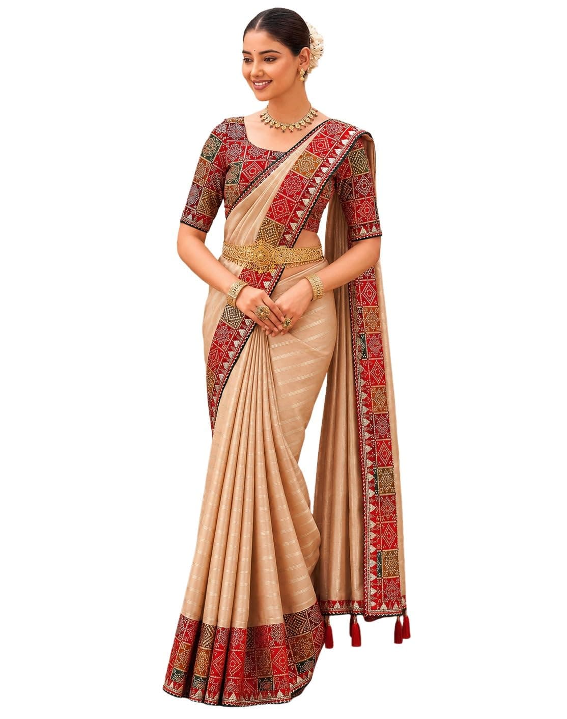 SIRIL Women's Silk Bandhani Foil Printed Saree, Tassel, Beige, 5764S1684 | Features Foil Print with Contrast Bandhani Lace Border & Tassel, Blouse Piece