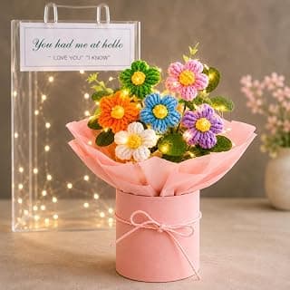PulGos 𝟏𝐩𝐜𝐬 Artificial Crochet Flower Bouquet with LED Light| Handmade Yarn Knitted Floral Bunch for Home & Office Décor, Gifting |Cute Decorative Item Woolen Flowers Gift for Girls & Women (Pink)