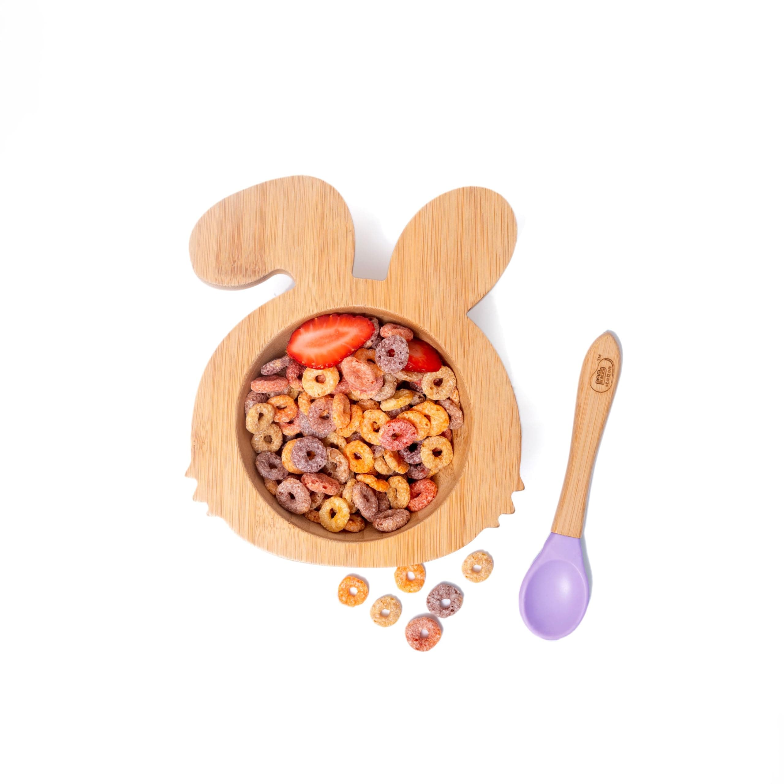 Kids Station Rabbit Wooden Feeding Bowl with Spoon for Babies – Purple | Eco-Friendly Self-Feeding Baby Tableware Set (2 pcs)