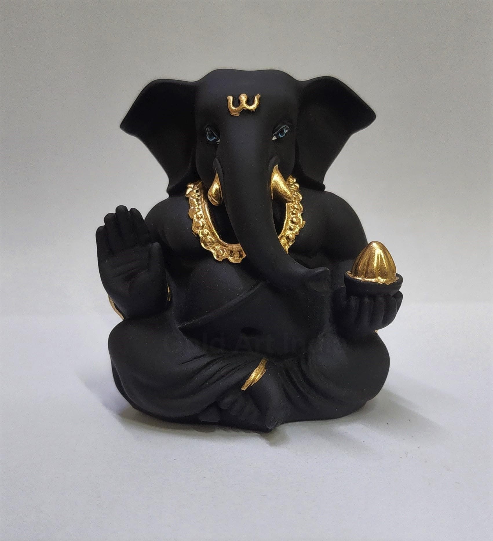 Gold Art India Black Terracotta Appu Ganesha with Gold Color Work for Car Dashboard Home Decor Gifting Diwali Birthday Festivals 3 x 2 Inches