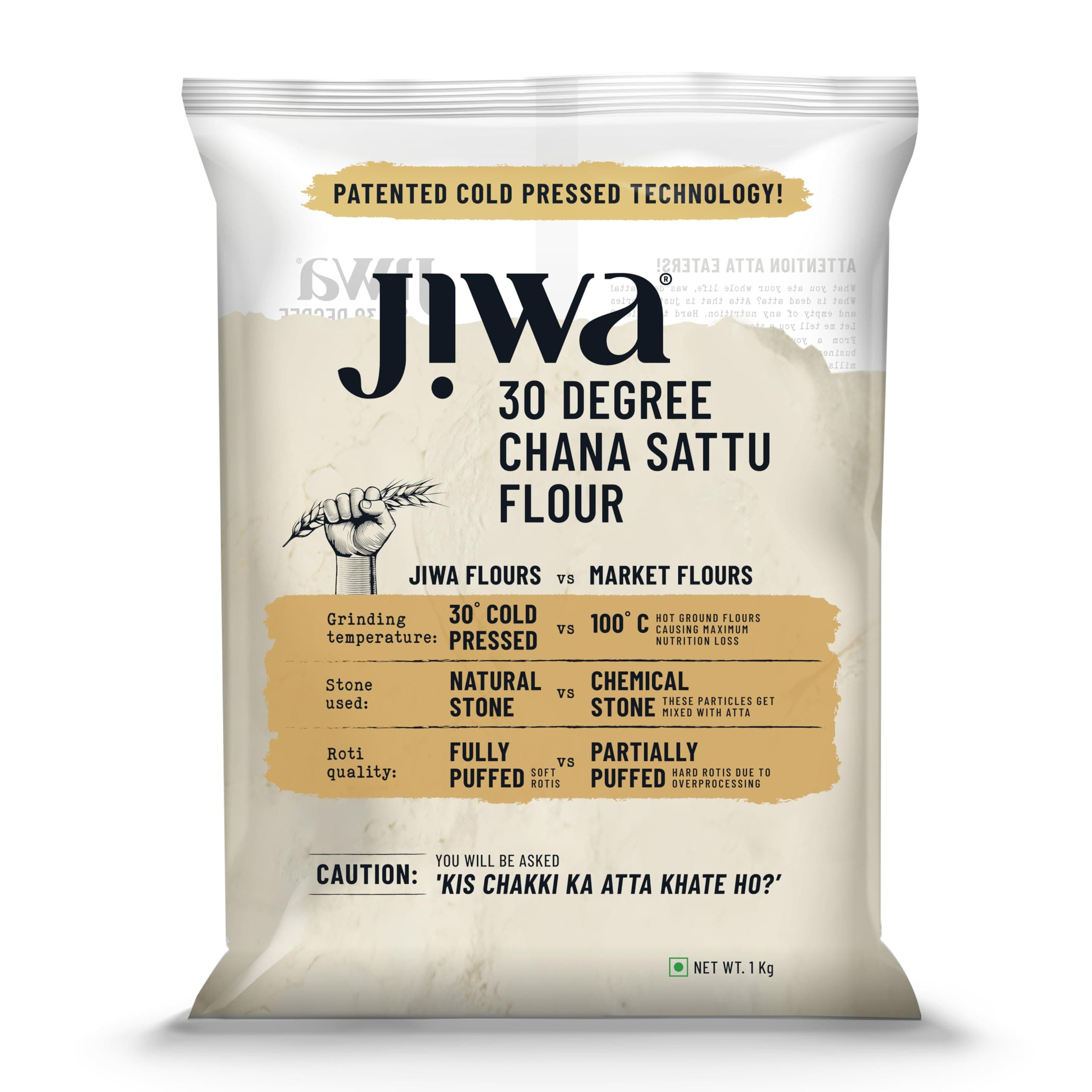 Jiwa 30 Degree Chana Sattu Flour/Atta | 1 Kg | Patented Cold Pressed Flour | Slow Ground | Roasted Bengal Gram Atta | High Protein | Sattu Drink Powder | Gluten Free