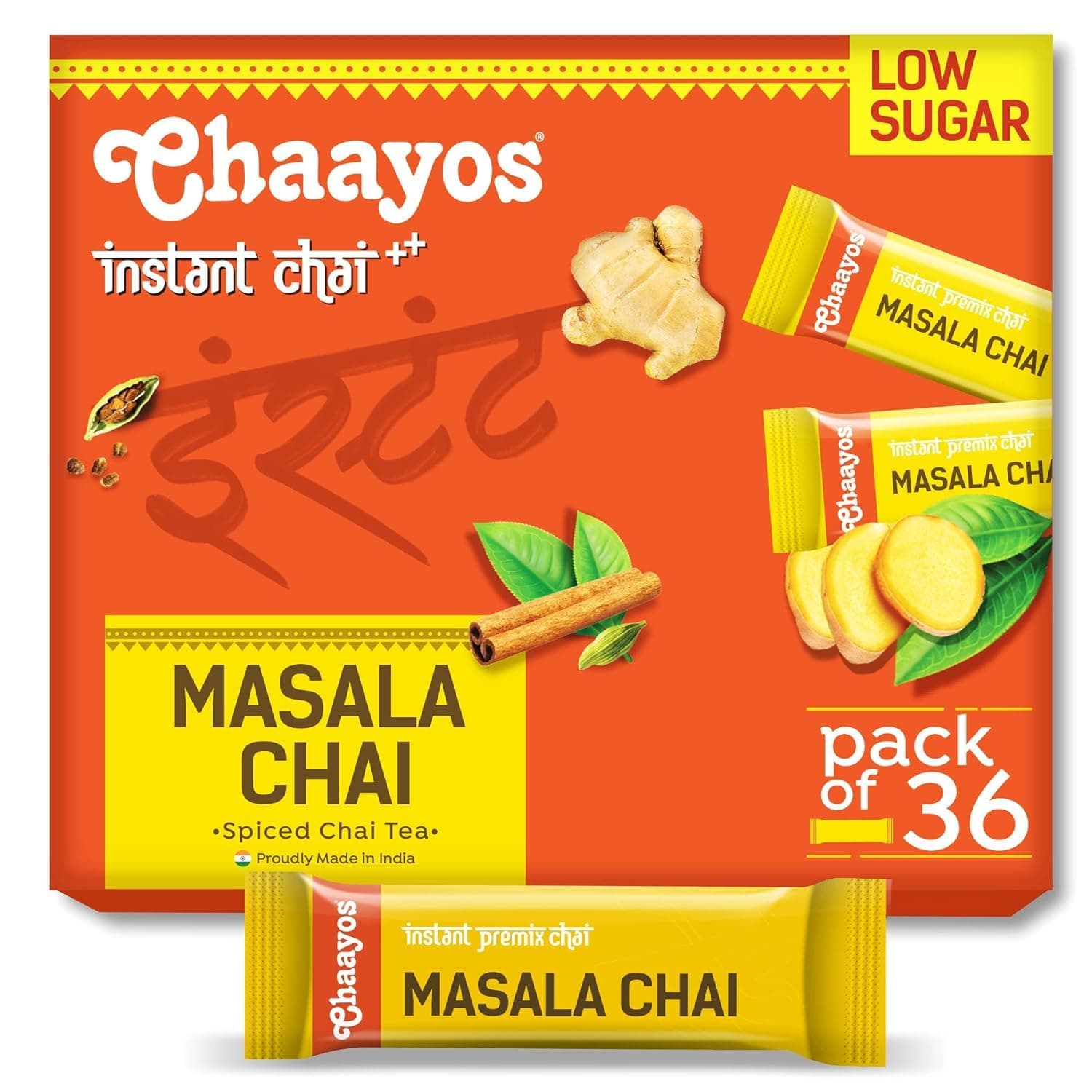 Chaayos Instant Tea Premix - Masala Chai Flavour - Low Sugar (36 Sachets, 288 Gram) | Assam Tea | Flavored Masala Mix