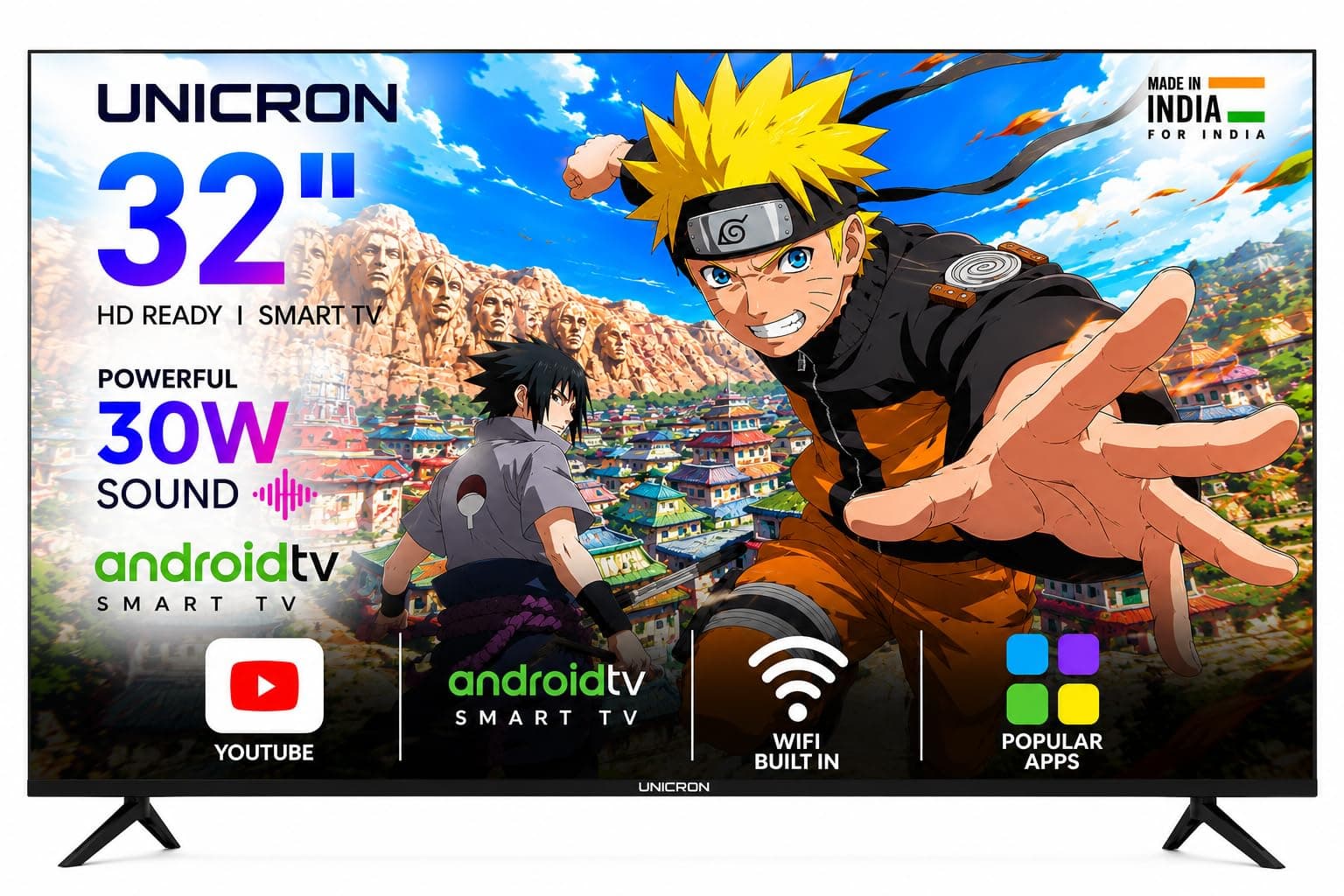 UNICRON TE 32 Inch Android Smart TV, HD Ready LED Television for Home, Gaming, Office with WiFi, 30W Sound with Premium Frameless Design, Built in Apps