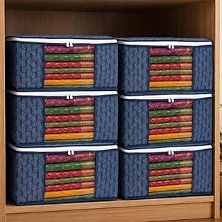 HomeStrap Set of 6 Non-Woven Printed Saree Cover/Cloth Storage/Organizer with Transparent Window (Navy Blue), 33.5 x 22 cm