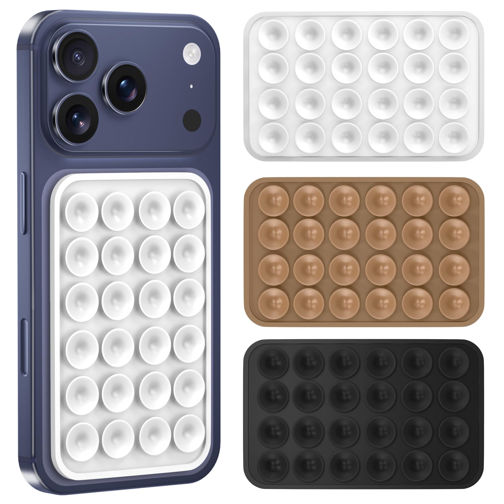 Sounce Suction Phone Case Anti-Slip Silicone Hands-Free Sticky Pads for Phone Case Mount for Selfies Videos Mirror Shower Car Dashboard - Black, White, Brown (Pack of 3)