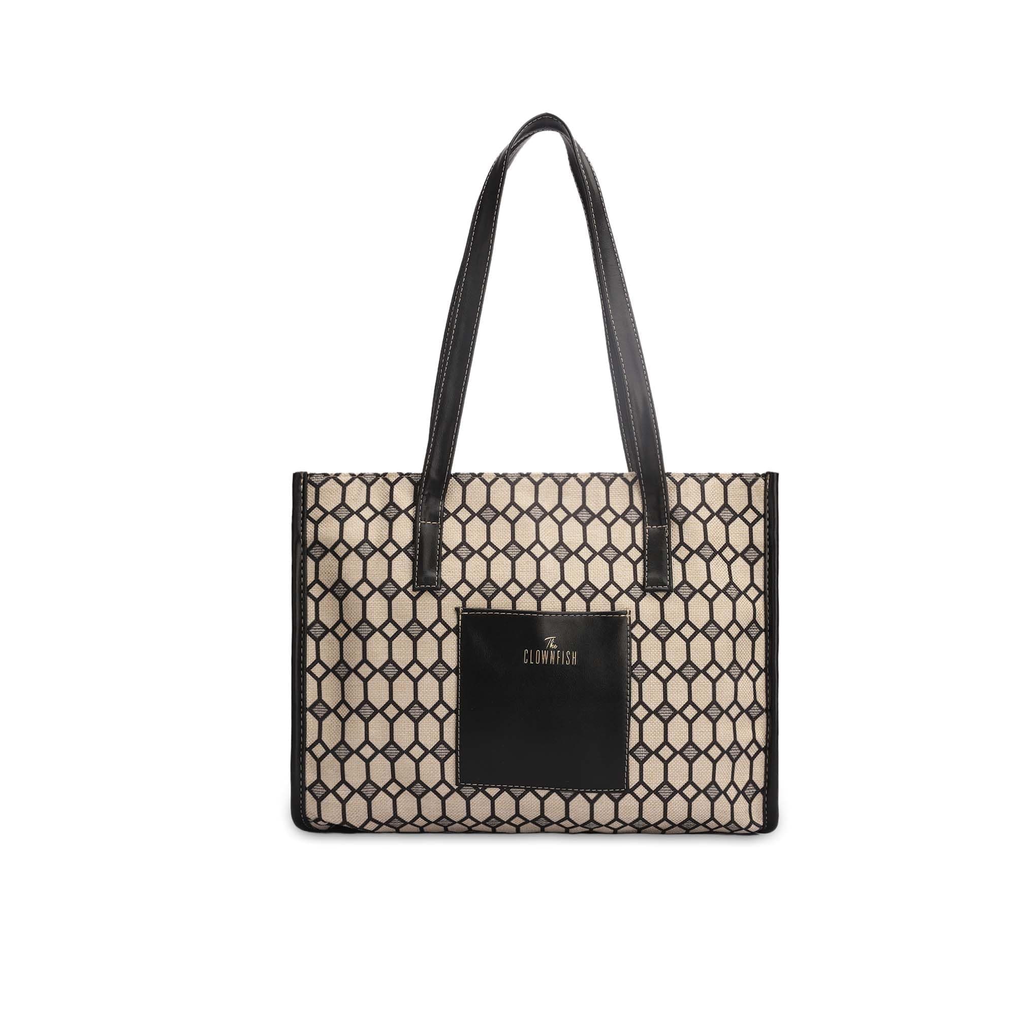 THE CLOWNFISH Ivan Series Multipurpose Handbag For Women Box Bag Tote Printed Handicraft Fabric & Faux Leather Office Bag with Front Pocket Shoulder Bag for Ladies College Girls