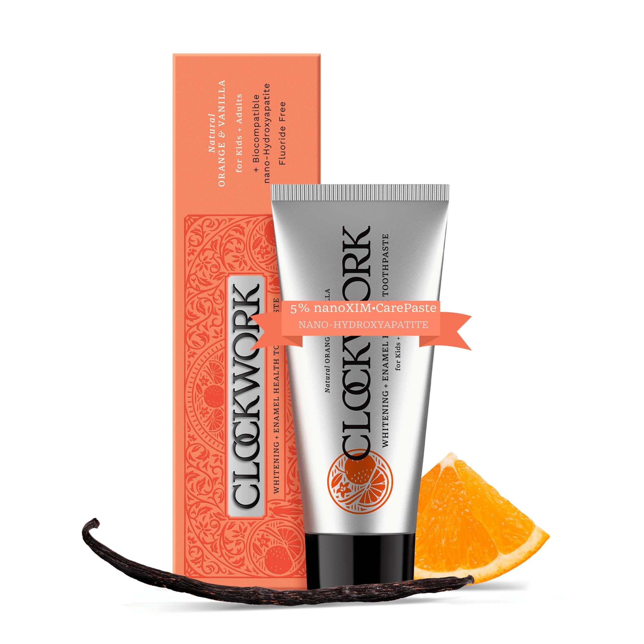 Clockwork Kids Premium Toothpaste, Orange Vanilla – Fluoride Free & SLS Free, Ages 2–12 | Anti-Cavity & Enamel-Safe with nano-Hydroxyapatite (nHAP) + 10% Xylitol | Dentist-Approved, Natural & Non-Toxic | 80g