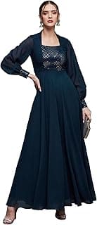 Miss Chase Women's Bishop Sleeve Embellished Panelled Georgette Maxi Dress with Pockets