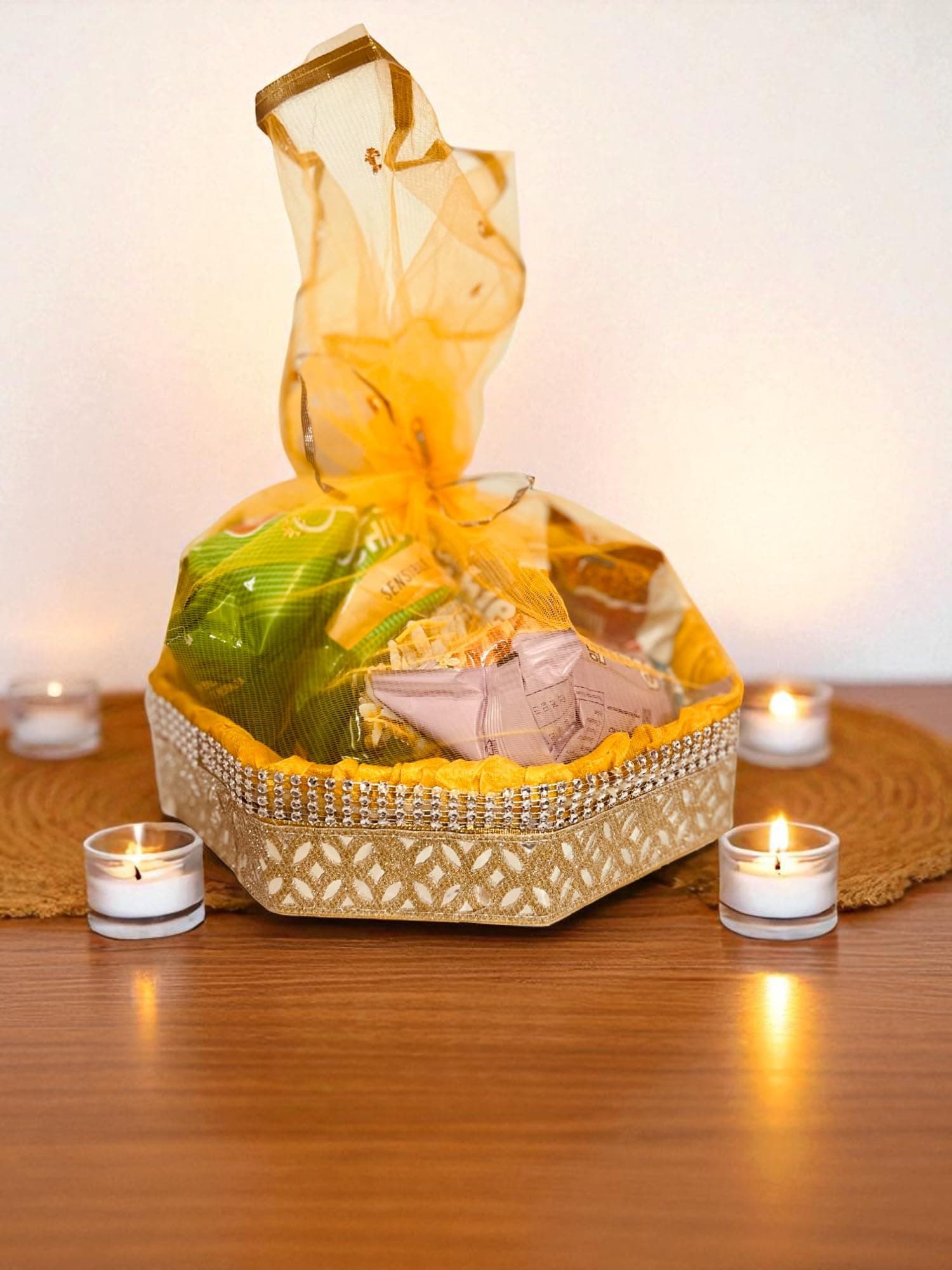 Vayu Art & Crafts Octagonal Decorated Net Gift Hamper Gift Packaging Wedding Basket Yellow Color (Small, Size 20x20x6 CM) (Size-7.8X7.8X2.3 Inch)