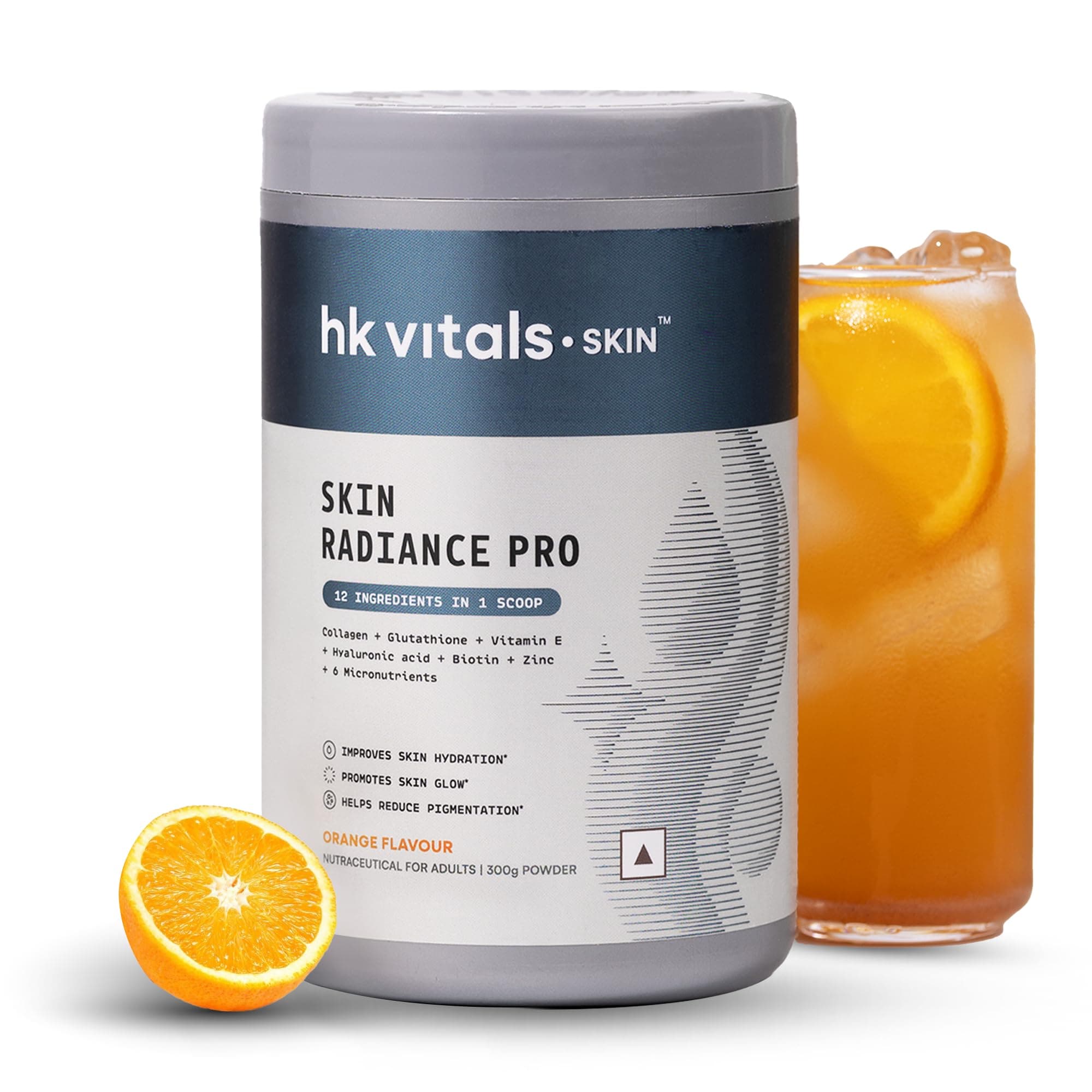 hk vitals Skin Radiance Pro Marine Collagen Supplement Powder (Orange, 300g) | Collagen Peptides with Glutathione, Biotin, Vitamin C, E