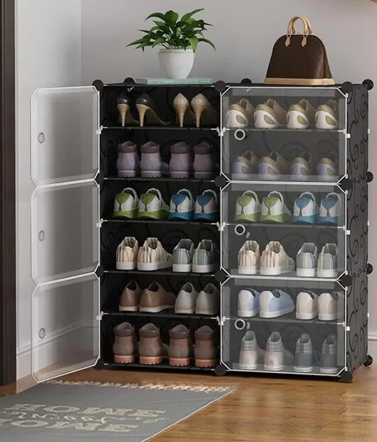 AYSIS 𝟏𝟐 𝐓𝐢𝐞𝐫 Shoe Rack for Home with Transparent Doors, Modular Dustproof Shoe Storage Cabinet, Foldable Plastic Space Saving Shoe Stand Organizer for Entryway, Bedroom & Living Room - Black