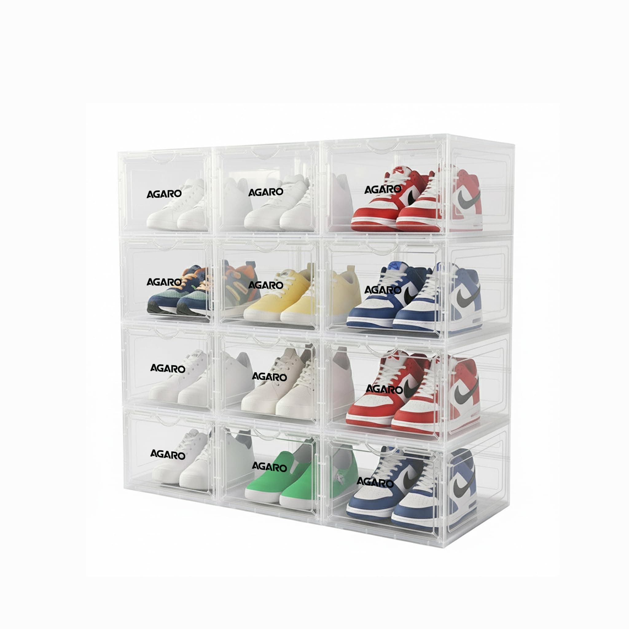 AGARO Stackable Shoe Storage Box Organizer | Heavy Duty, Transparent, Plastic Sneaker Crates Container with Magnetic Door |Space Saving|Organizer for Men & Women| Fits up to Size UK 12 | Pack of 12