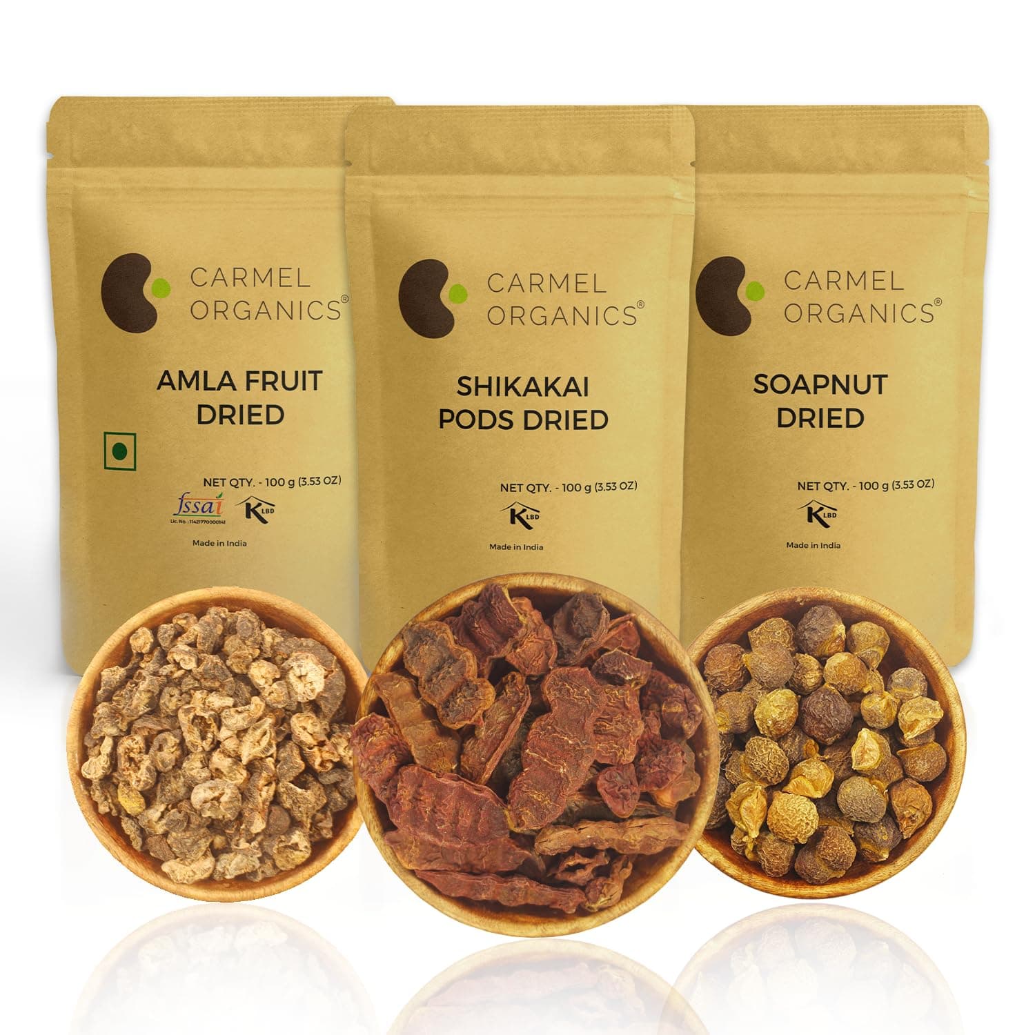 CARMEL ORGANICS Amla, Shikakai & Soapnut/Reetha Combo 100g Each | Natural Hair Care Trio, Herbal Cleanser & Conditioner, Whole, No Added Preservatives