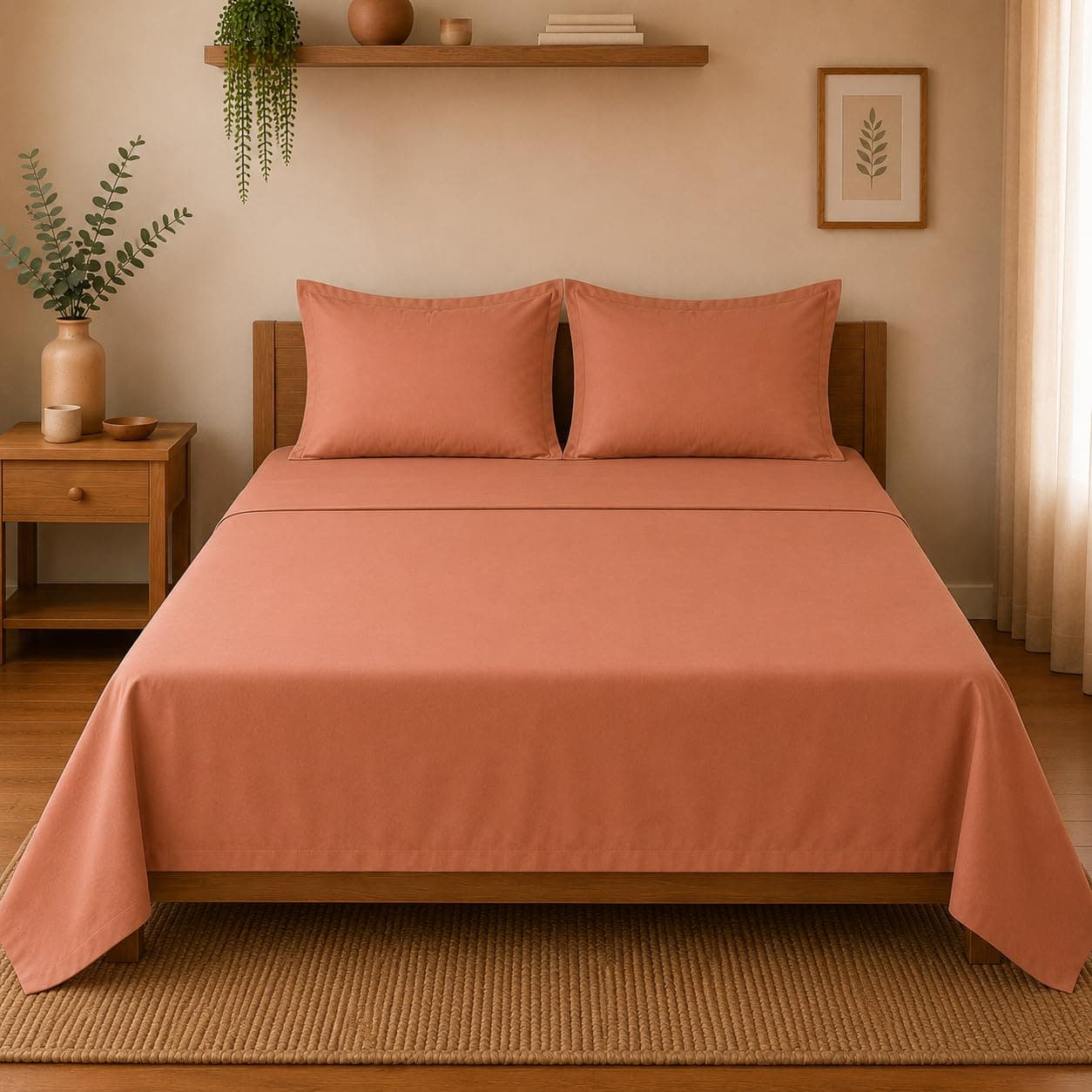 Linen Home Cotton Percale Flat Bedsheet Set Queen Size Tera Clay