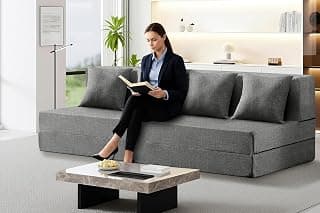 Los Angeles Foldable Four Seater Sofa Cum Bed, Sofa Bed 6 X 6 Feet, Jute Fabric Washable Cover Including Four Cushion Perfect for Home & Office, Guest Room - Grey