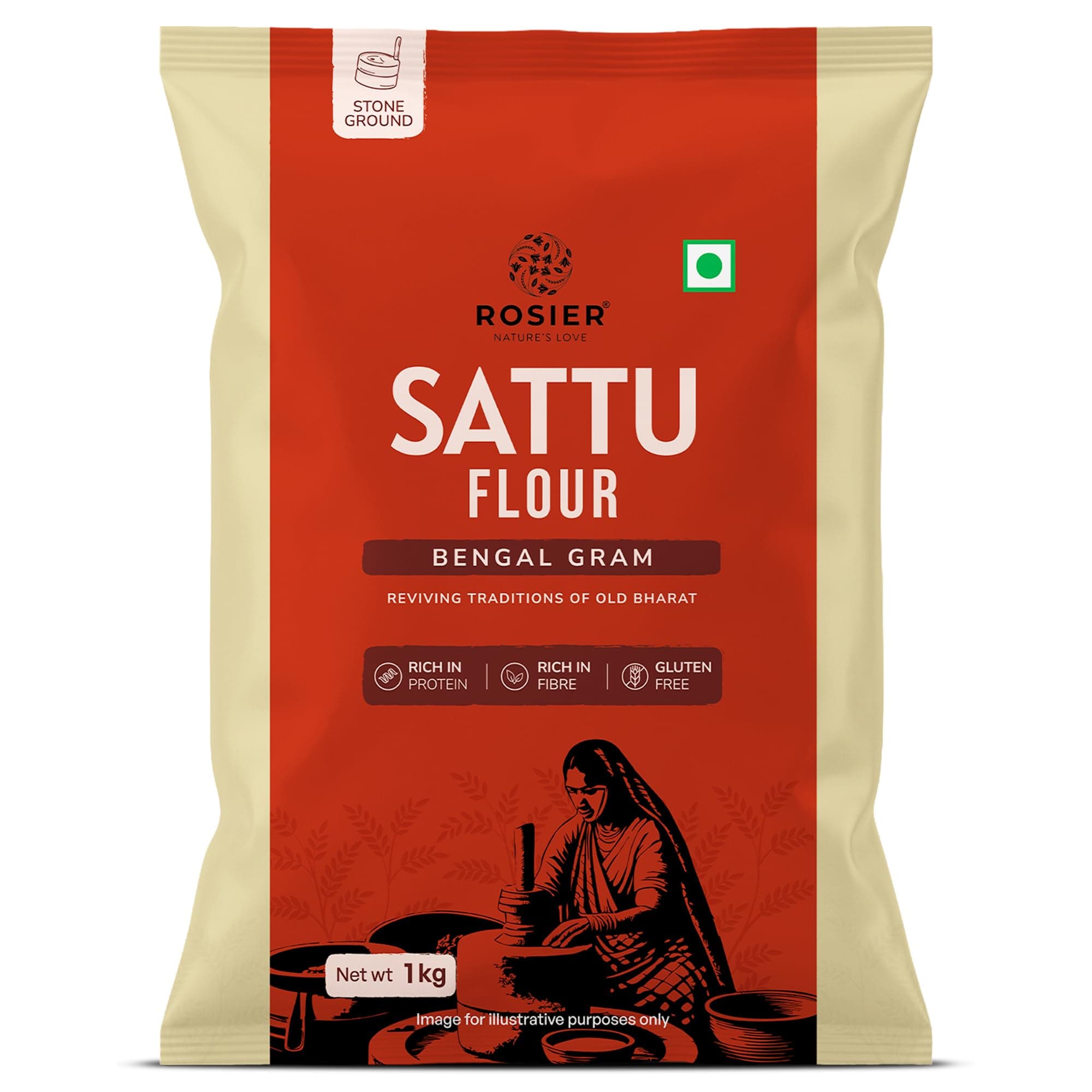 ROSIER Chana Sattu Atta 1kg | Roasted Bengal Gram Flour | High Protein & High Fibre | Instant Energy Drink & Cooking Flour | Chakki Ground | Gluten-Free | No Additives