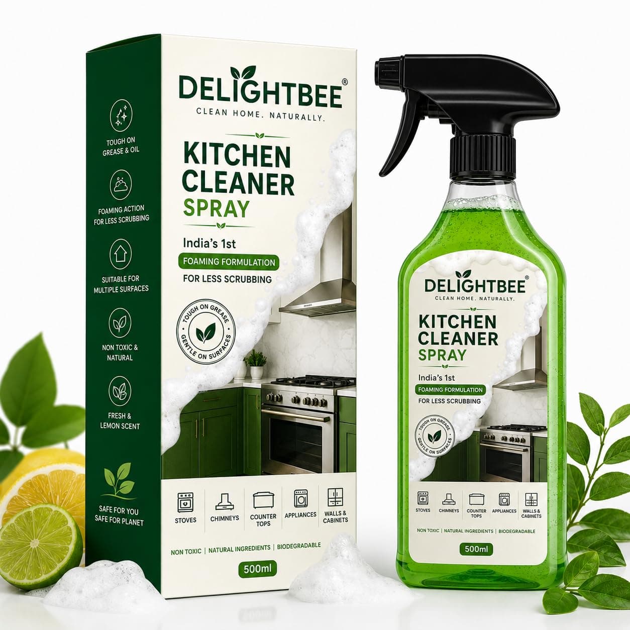 Delightbee Kitchen Cleaner Spray 500ml – Chimney Cleaner, Sticky Oil Degreaser, Gas Stove Cleaner, Oil & Grease Remover – Tiles Cleaner Spray for Window, Fan, Stainless Steel Sink Utensils