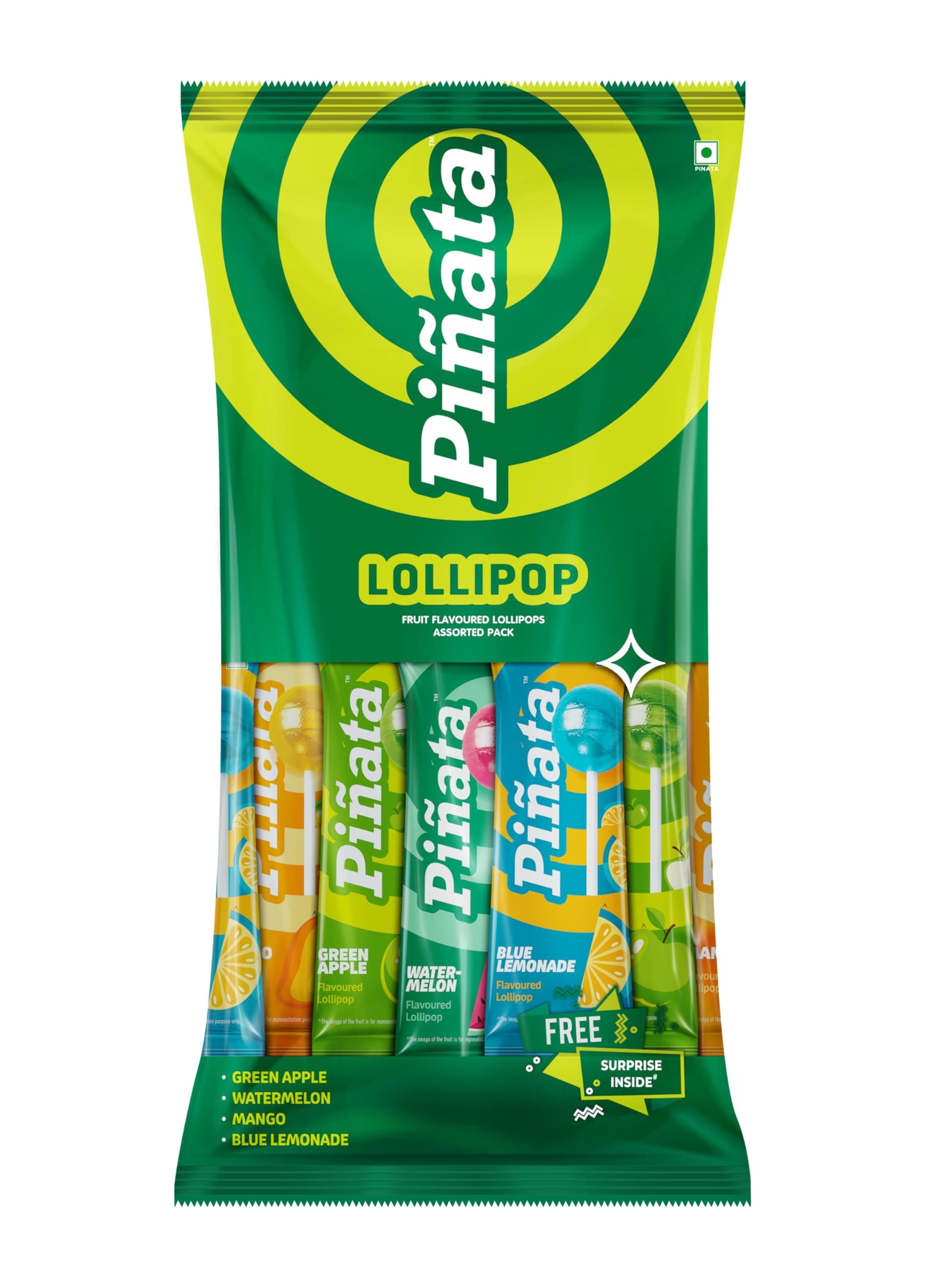 LuvIt. Pinata Fruit Flavoured Lollipops 4 Exciting Flavours For Kids Mango, Blue Lemonade, Green Apple, Watermelon Lollipop, 480 Gram