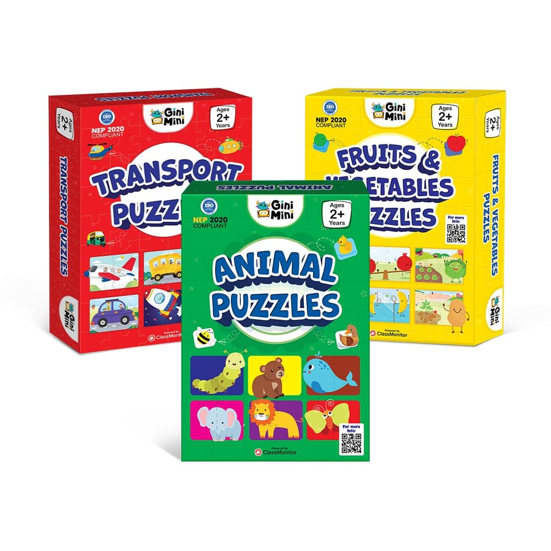GiniMini Combo Set of 3 Jigsaw Puzzles for Kids | 2-Piece Animals, Transport, Fruits & Vegetables Puzzles | Educational Toy for Cognitive Development | Fine-Motor Skills | Age 1, 2 & Above