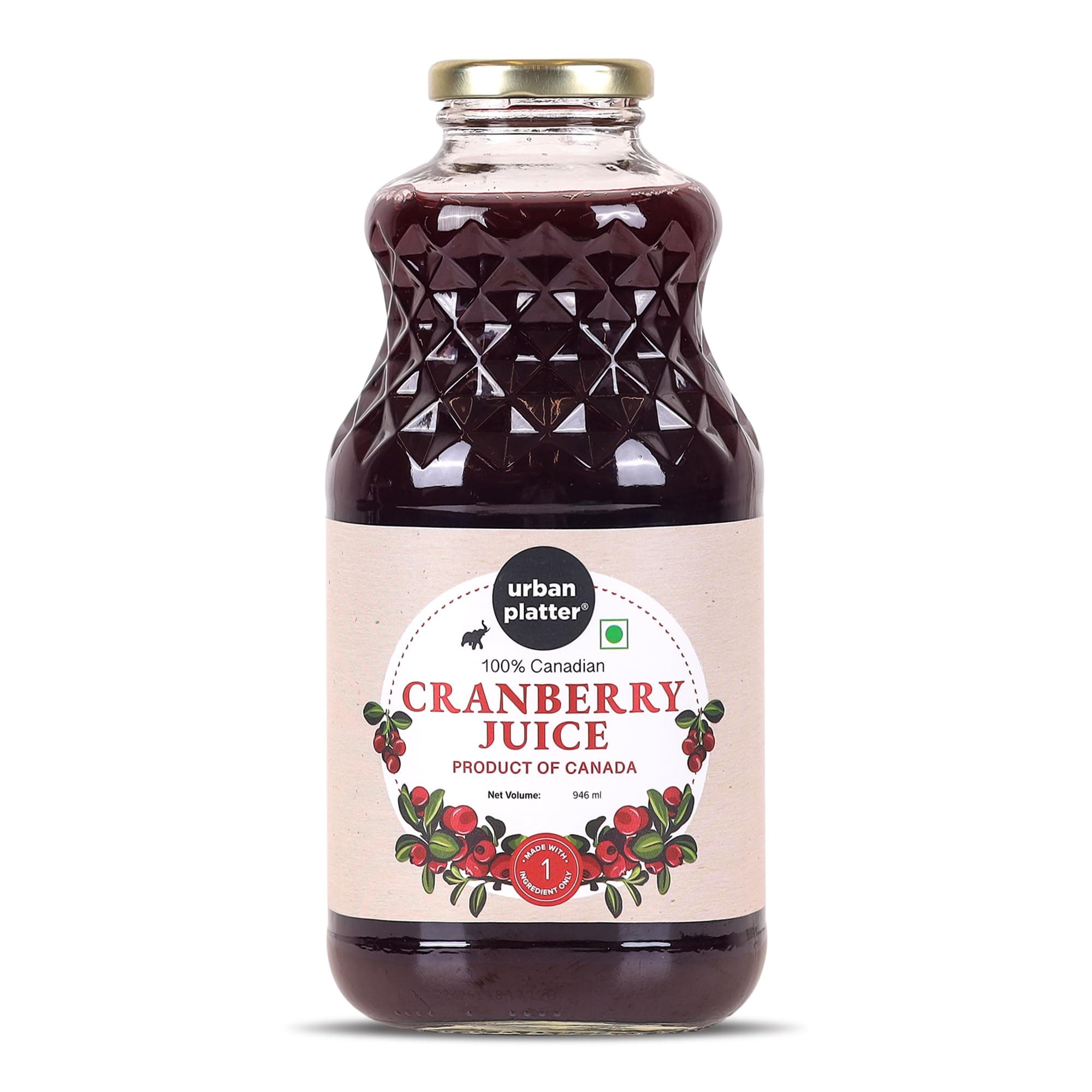 Urban Platter 100% Canadian Cranberry Juice, 946ml (Glass Bottle, No Added Sugar & Preservative-Free, Antioxidant-Rich, Supports UTI Health, Ideal for Cocktails & Mocktails)