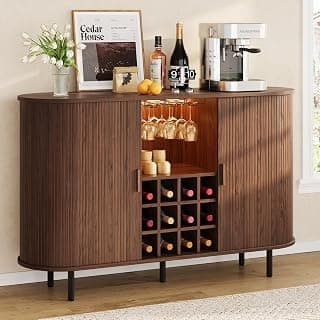 54.6" Bar Cabinet with Adjustable Shelves | Mango Wood, Light Walnut Finish| Wooden Sideboard with Wine Rack & Glass Holder, Home Bar Storage Unit for Living Room & Dining