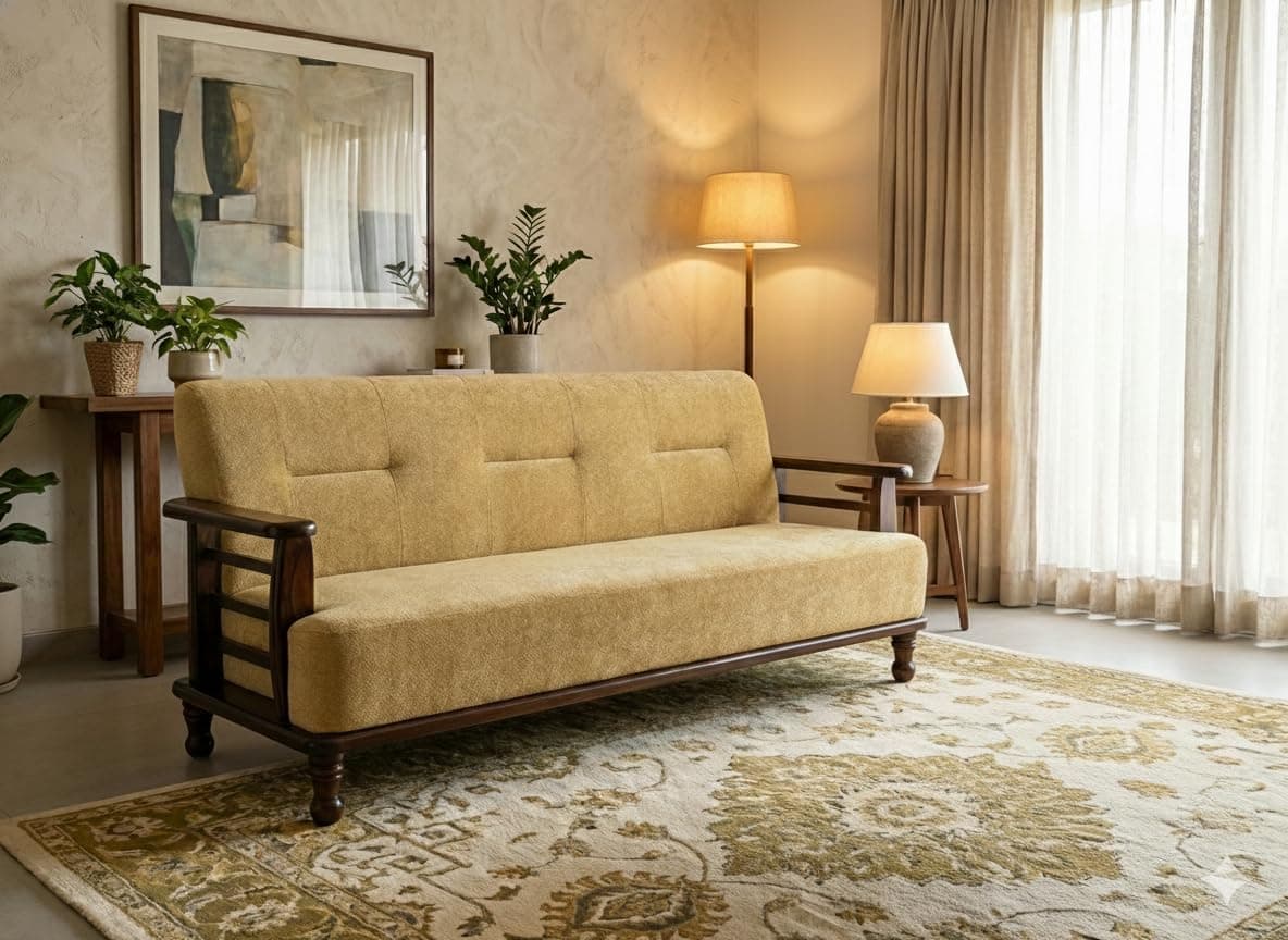 DaneWood 3 Seater Sofa Set for Living Room, Drawing Room & Office Lounge | Capacity - Three Seater, Sheesham Wood, Provincial Finish, Brown,Beige