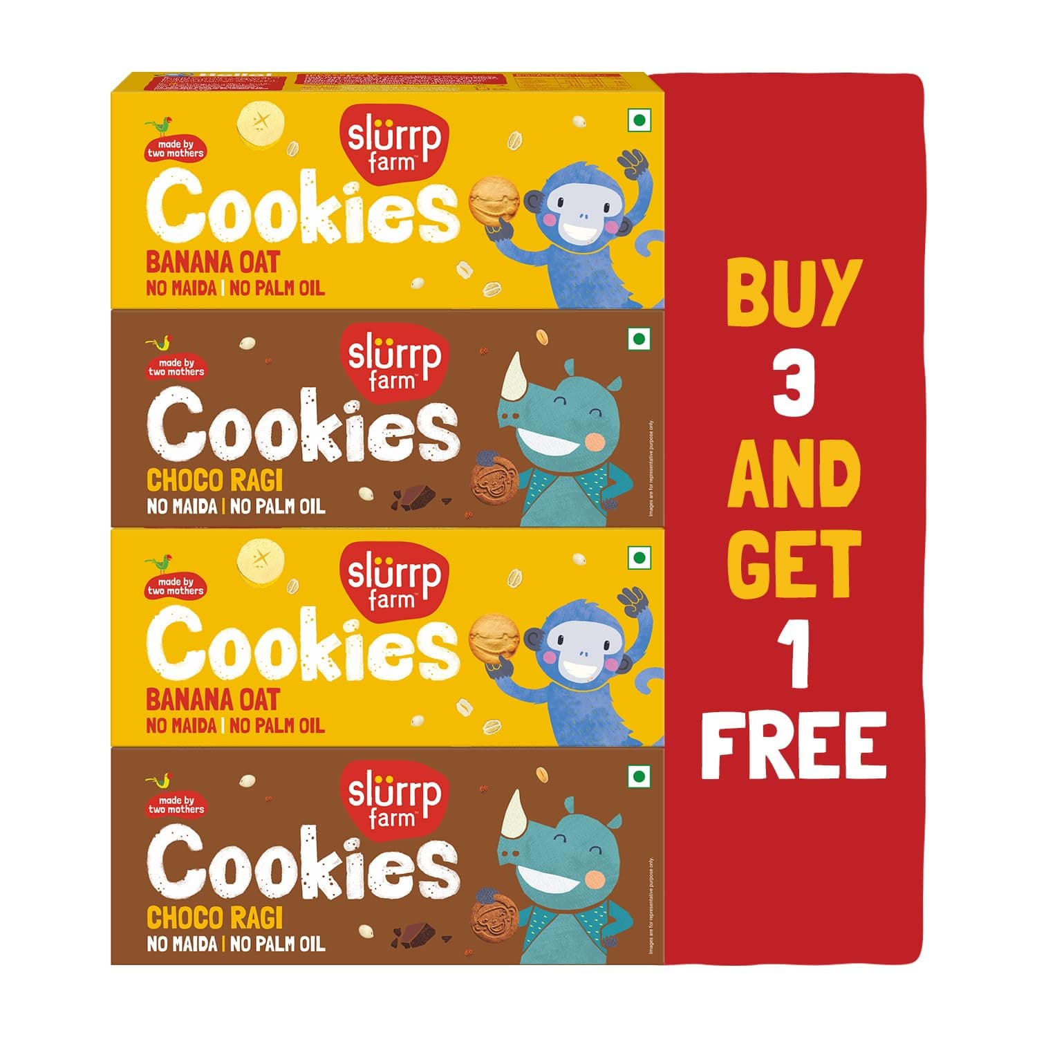 Slurrp Farm No Maida No Refined Sugar Banana Oat and Choco Ragi Cookies | Buy3Get1 Free | Healthy Cookies Biscuit Made With Multigrains | Perfect for tiffins, travel or snack time | Pack of 4 x 80g