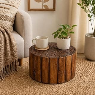 Artesia Handcrafted Wooden Block Side Table for Living Room and Bedroom Low Height Round Shape Stool Solid Mango Wood Bedside Coffee End Table Home Décor (Natural)