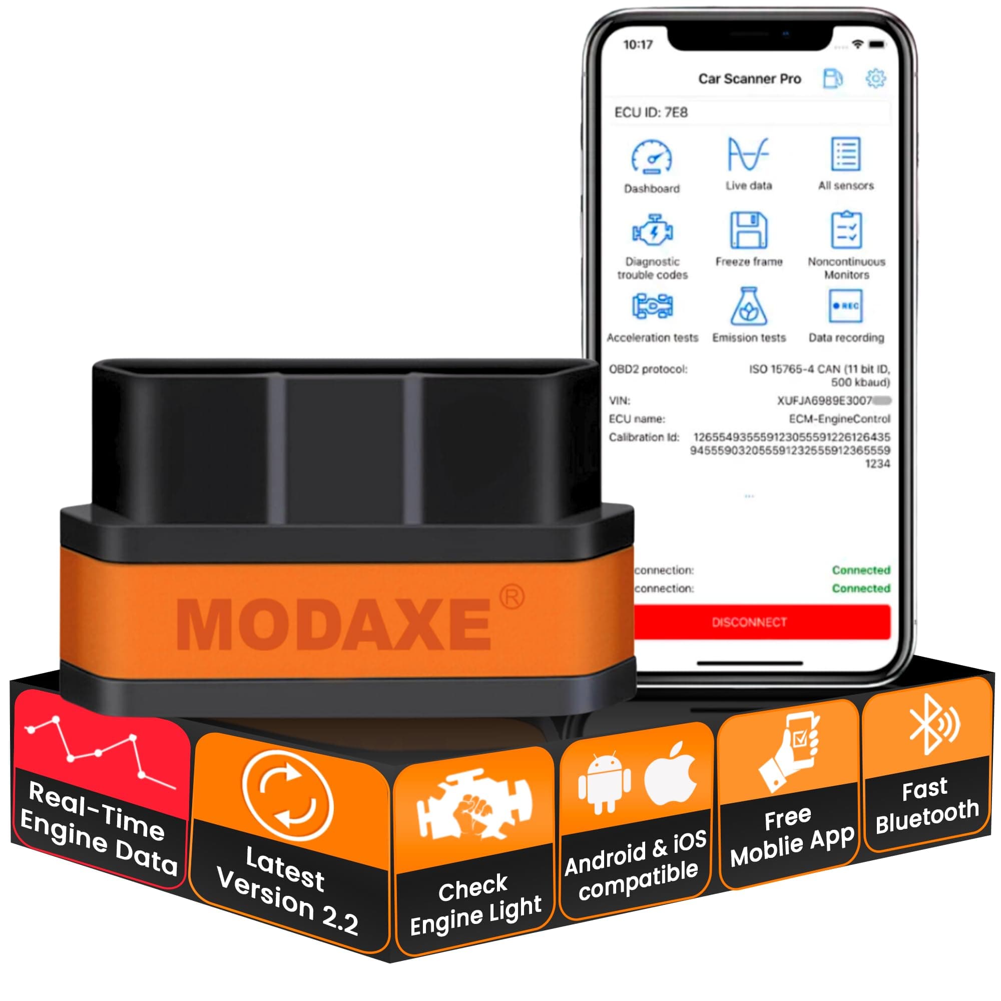 MODAXE Advanced Chipset OBD II Scanner Code Reader V2.2 Smart Car Vehicle Diagnostic Scanner Tool | Bluetooth 4.0 | Supports ODB2/OBDII Protocols | Compatible with Android & Apple iOS