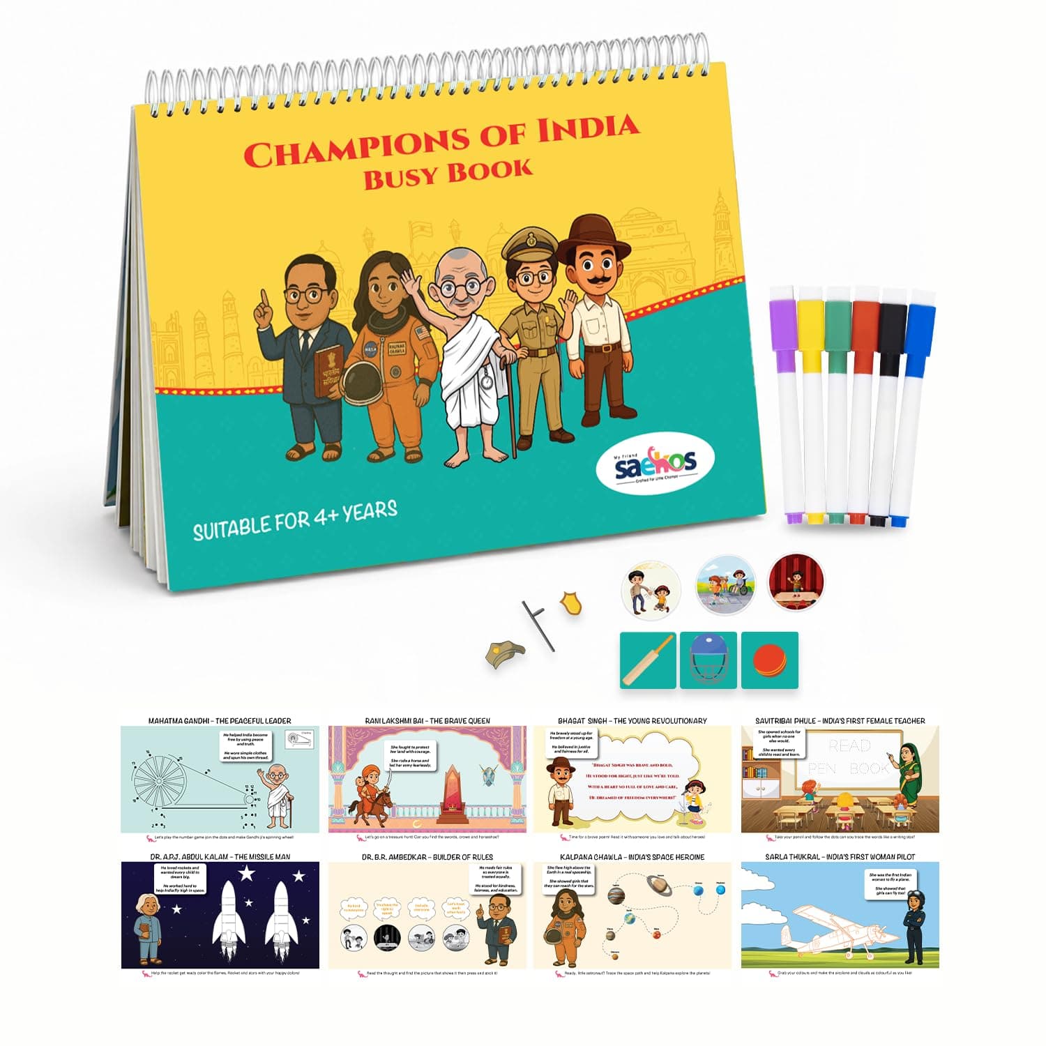 SAEKOS Champions of India Busy Book for Kids Age 3-6 | Montessori Educational Activity Book | STEM Learning Toy | Preschool Quiet Book | Life Skills & Fine Motor Skills Development | Screen-Free Reusable Toy