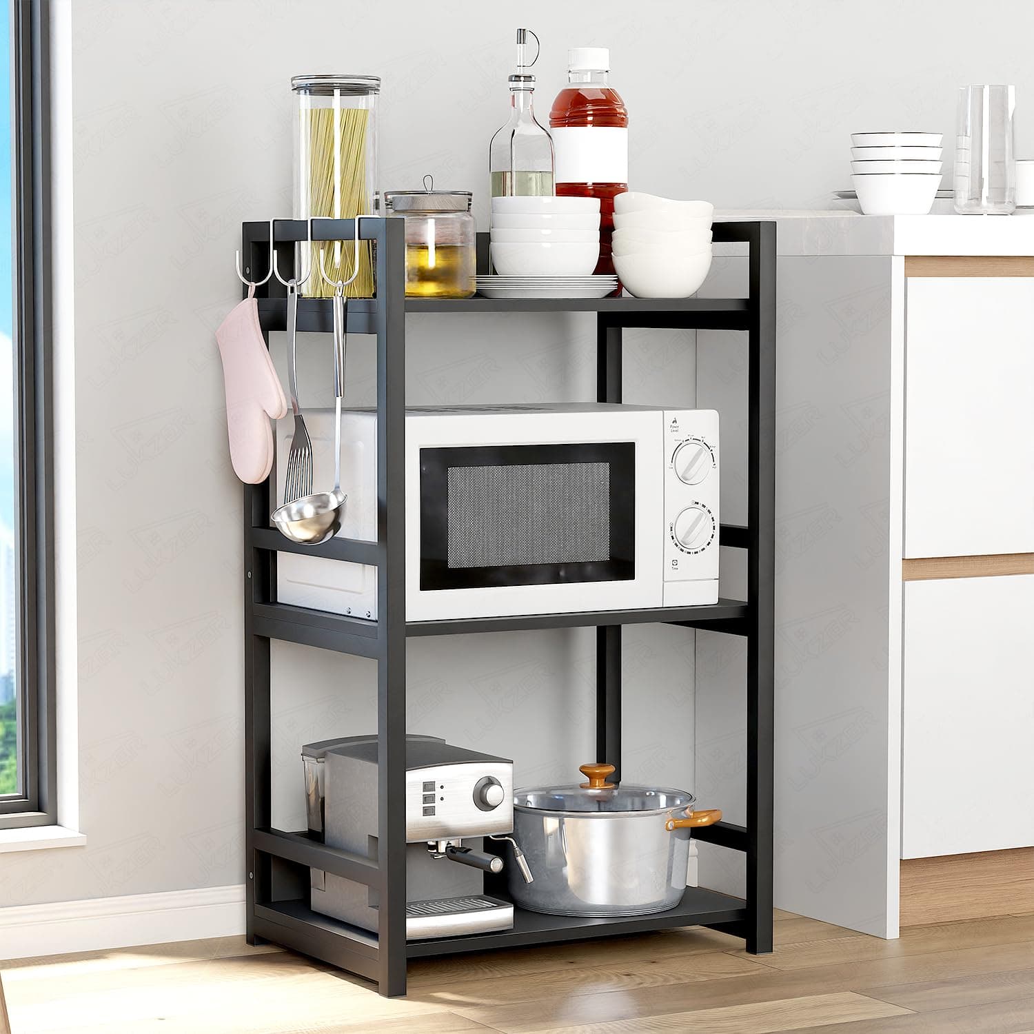 Lukzer 3 Layer Multipurpose Storage Rack - Heavy Duty Metal & Wood Kitchen Organizer | Space Saving Microwave Oven Stand for Modular Kitchen, Living Room, Bedroom & Office (MKR-003/Black & Black)