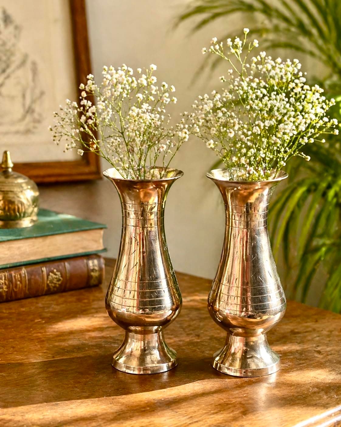 Loopysky Gorgeous Brass Flower Vase Set of 2 (6 x 2 x 2 Inch) | Golden Metal Decorative Vases for Home Decor, Living Room, Office, Table Centerpiece, Wedding & Gift Item