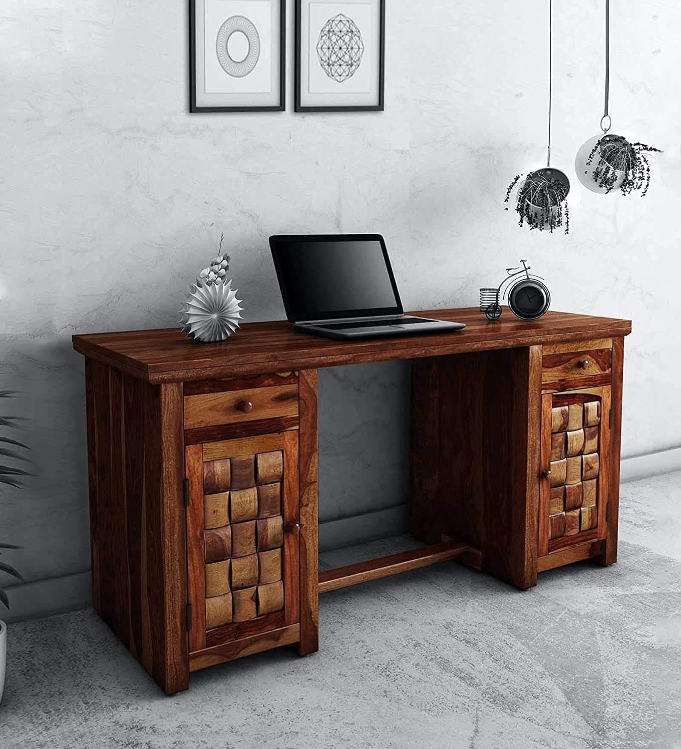 SONA ART & CRAFTS Solid Sheesham Wooden Study Table for Students & Adults with 2 Drawers & 2 Cabinets | Modern, Medium Size Writing Desk for Home Office, PC, Gaming