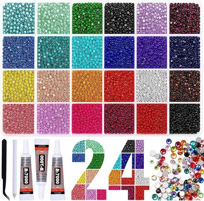 24000Pcs Resin AB Flatback Rhinestones Bedazzling Kit 24 Colors 3mm | Includes B7000 Glue, Tweezers & Wax Pencil, Jelly Flatback Gems, Nail & DIY Crafts, SS12 Size Stones