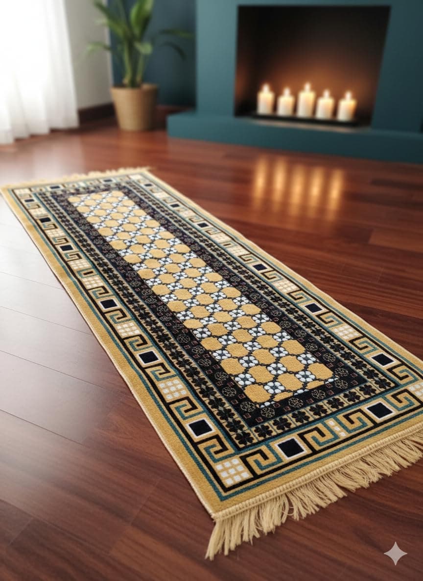 DIOS 100% Velvet Rug, Bed Side Runner for Bedroom, Living Room, Entrance, Designer Mats Asan Passage, Style: Modern, Size: 60x180 cm (2x6 Feet) Machine Washable (Yellow, 2x6 FEET, Geometric)