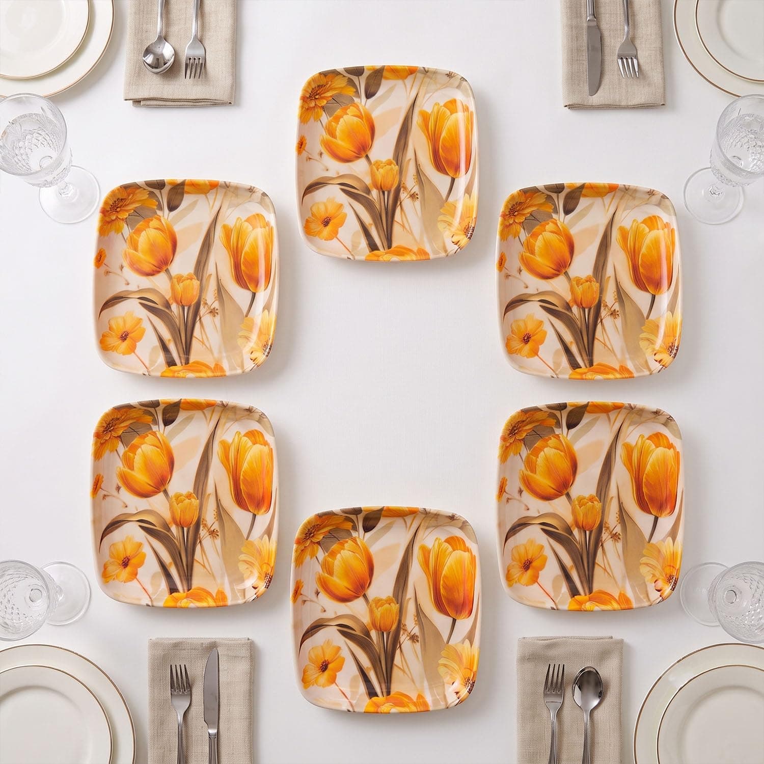 G CRAFT Decorative Square Serving Plate – 8-Inch Tropical Leaf Print Melamine/Ceramic Plate for Snacks, Appetizers, and Dahi Bhalla, Stylish Tableware for Kitchen, Dining, (Cream & Yellow) Pack fo 6