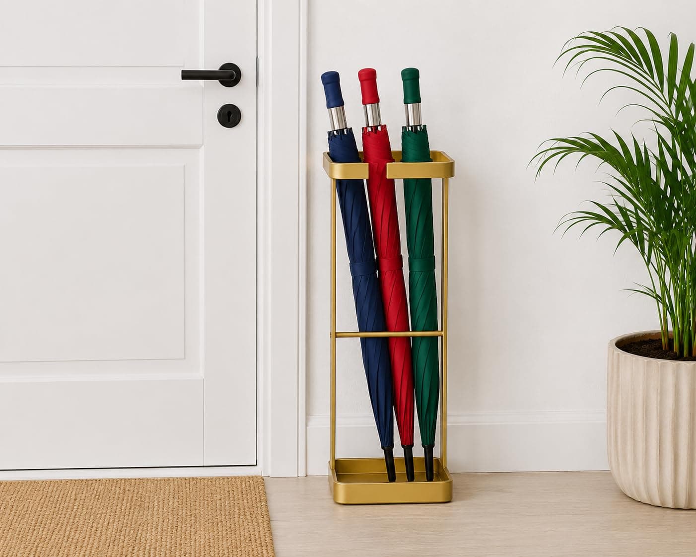 OGFC 568081 Metal Umbrella Stand Rectangle Metal Umbrela Racks Entryway Space Saving Umbrella Holder Organiser for Front Door - Golden