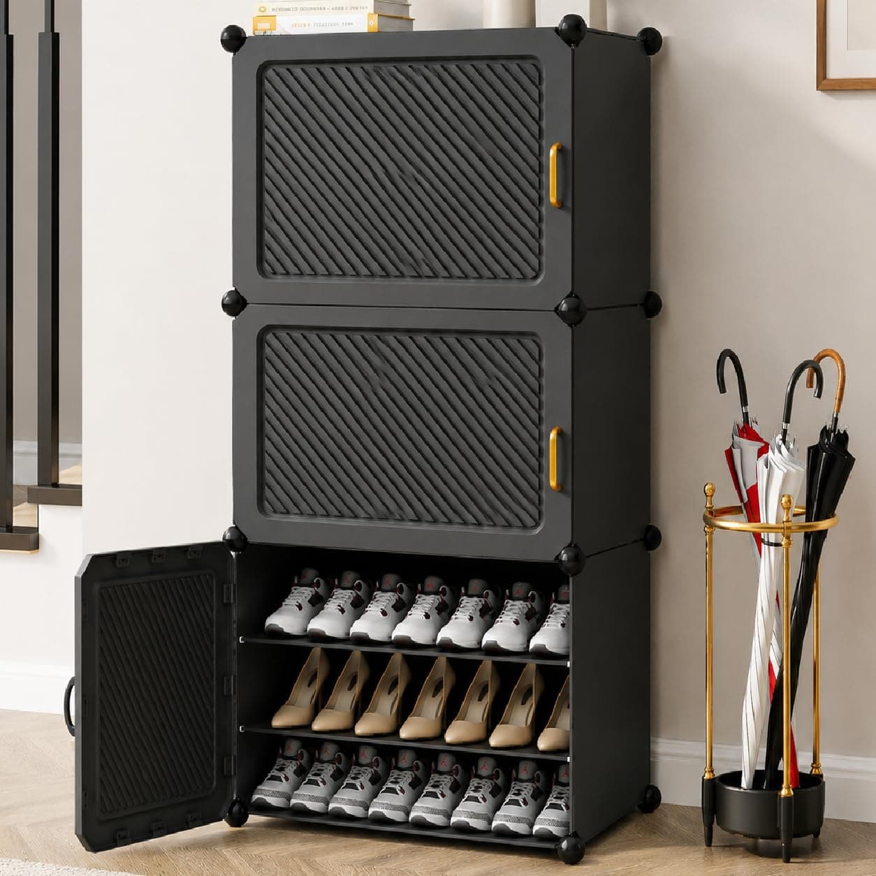 EXVITO Plastic Shoe Rack for Home with Door, 6-Door Shoe Storage Cabinet | 18-Shelfs for 36 Pairs | Waterproof & Portable DIY Shoe Slipper & Chappal Stand for Entryway/Bedroom - - HU