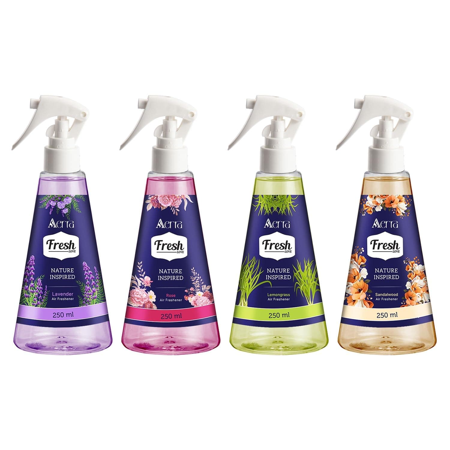 Aerra Lavender, Rose, Lemongrass, Sandalwood Air Freshener Spray Combo, 4x250ml – Sacred Zest Edition, 11200+ Sprays for Home, Pooja Room, Kitchen, Bedroom, Car, Office, Non-Aerosol Odor Eliminator